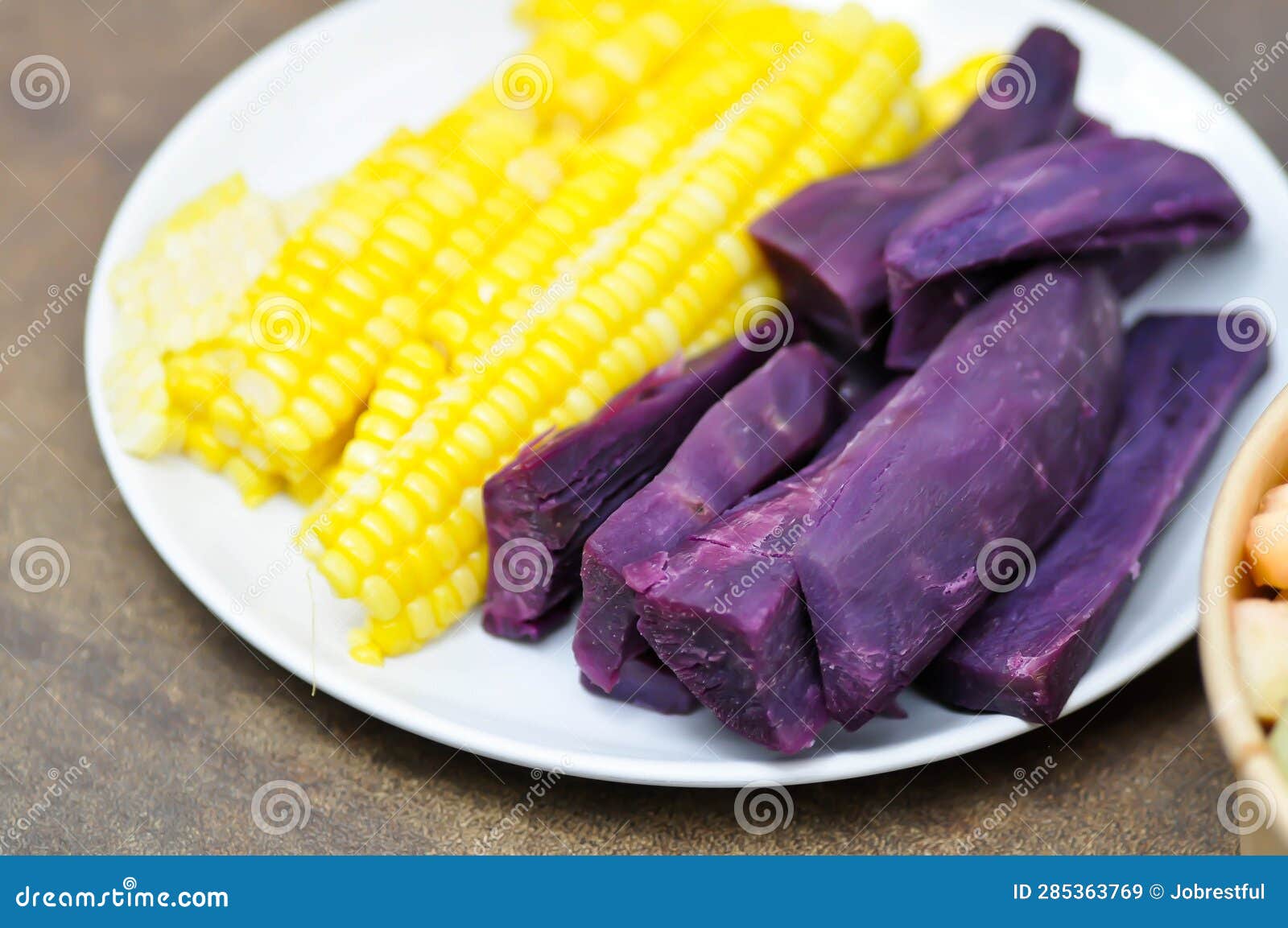 Steamed Corn and Steamed Purple Sweet Potato Stock Image - Image of ...