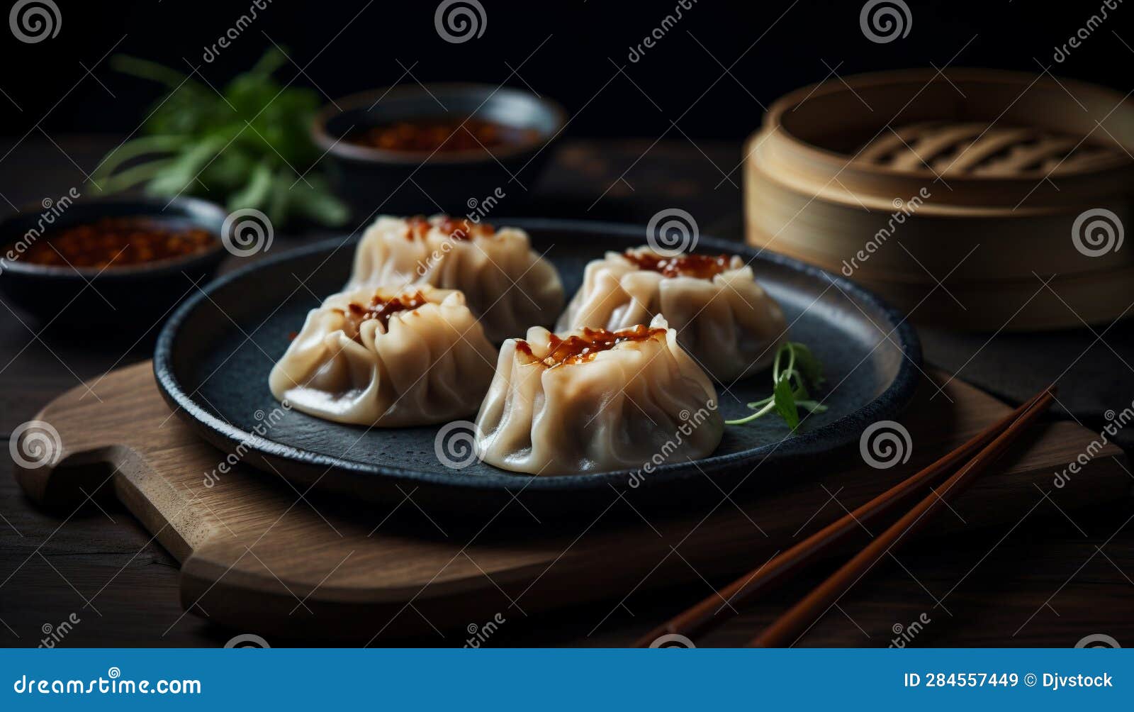 Steamed Dim Sum, Pork Dumplings, Chopsticks, and Soy Sauce Meal