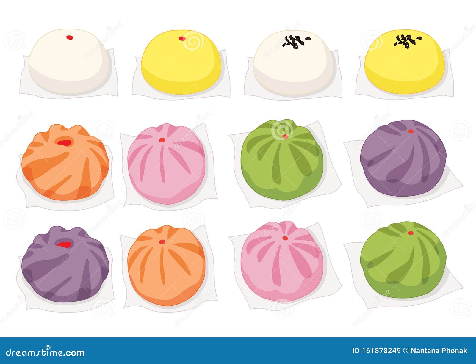steamed stuff bun,dim sum yellow orange pink green purple colourful and chinese cuisine on white background  