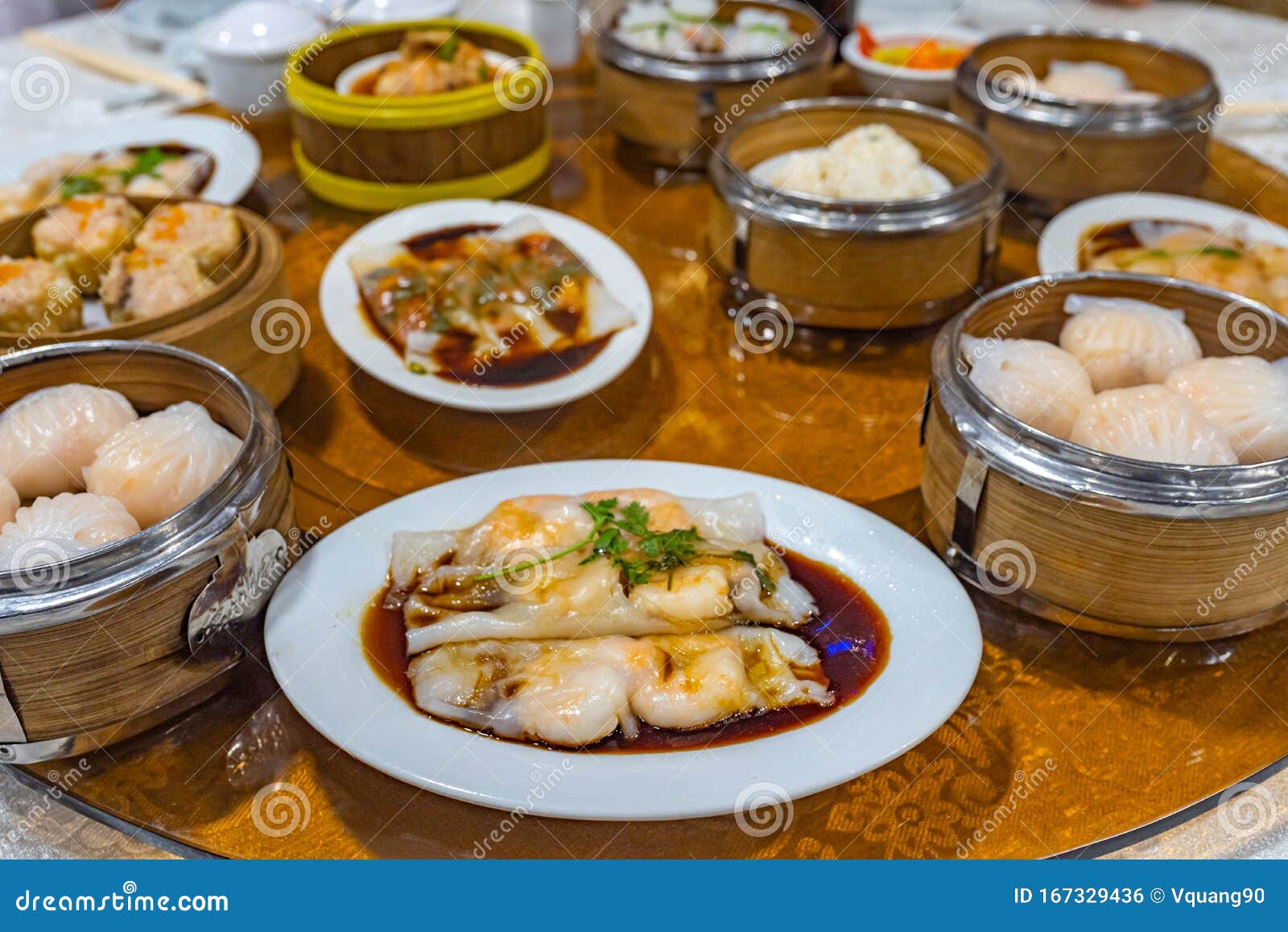 Delicious Steamed Shrimp Dumplings and Rolls in Dimsum Restaurant Stock