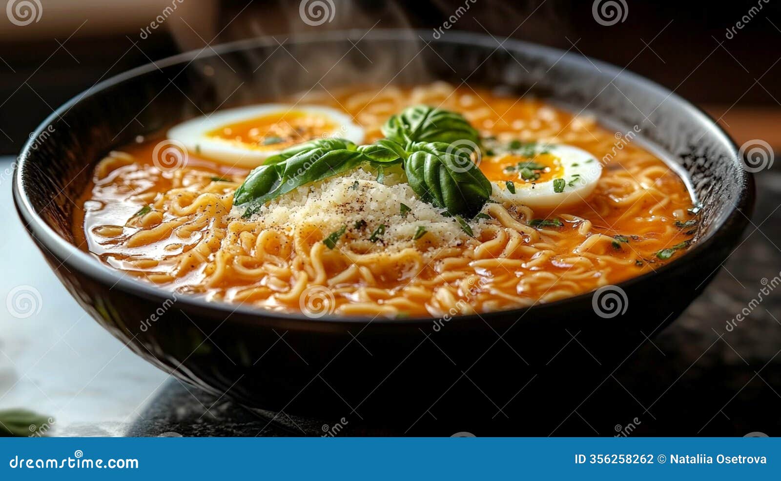 steaming bowl of ramen noodles in rich broth, topped with sliced boiled egg, grated cheese, fresh basil, and chopped