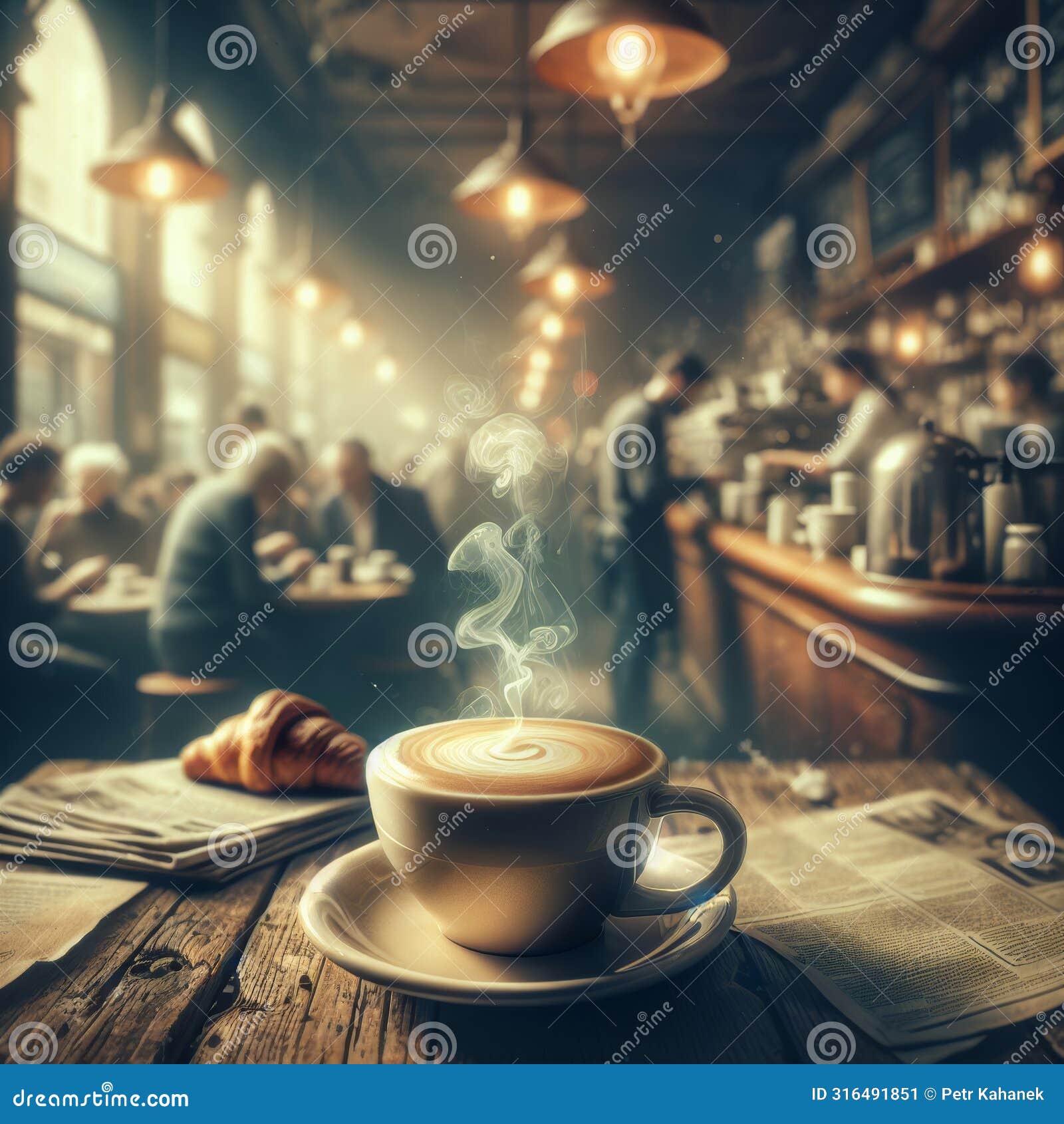 a steaming cup of cafe au lait with a softly blurred cafe background. ai generated.