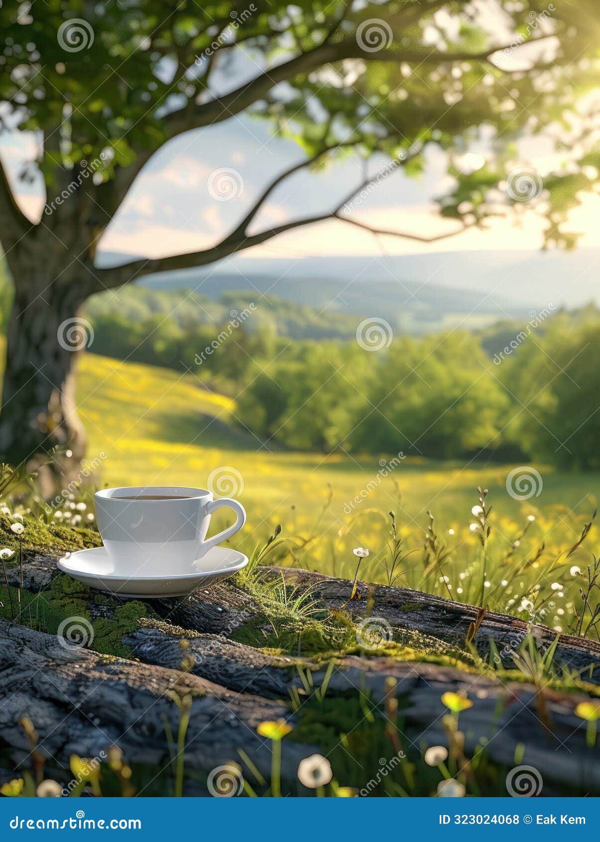 serene morning in nature scenic view with coffee cup under tree in sunlit meadow surrounded by greenery and distant hills, perfect