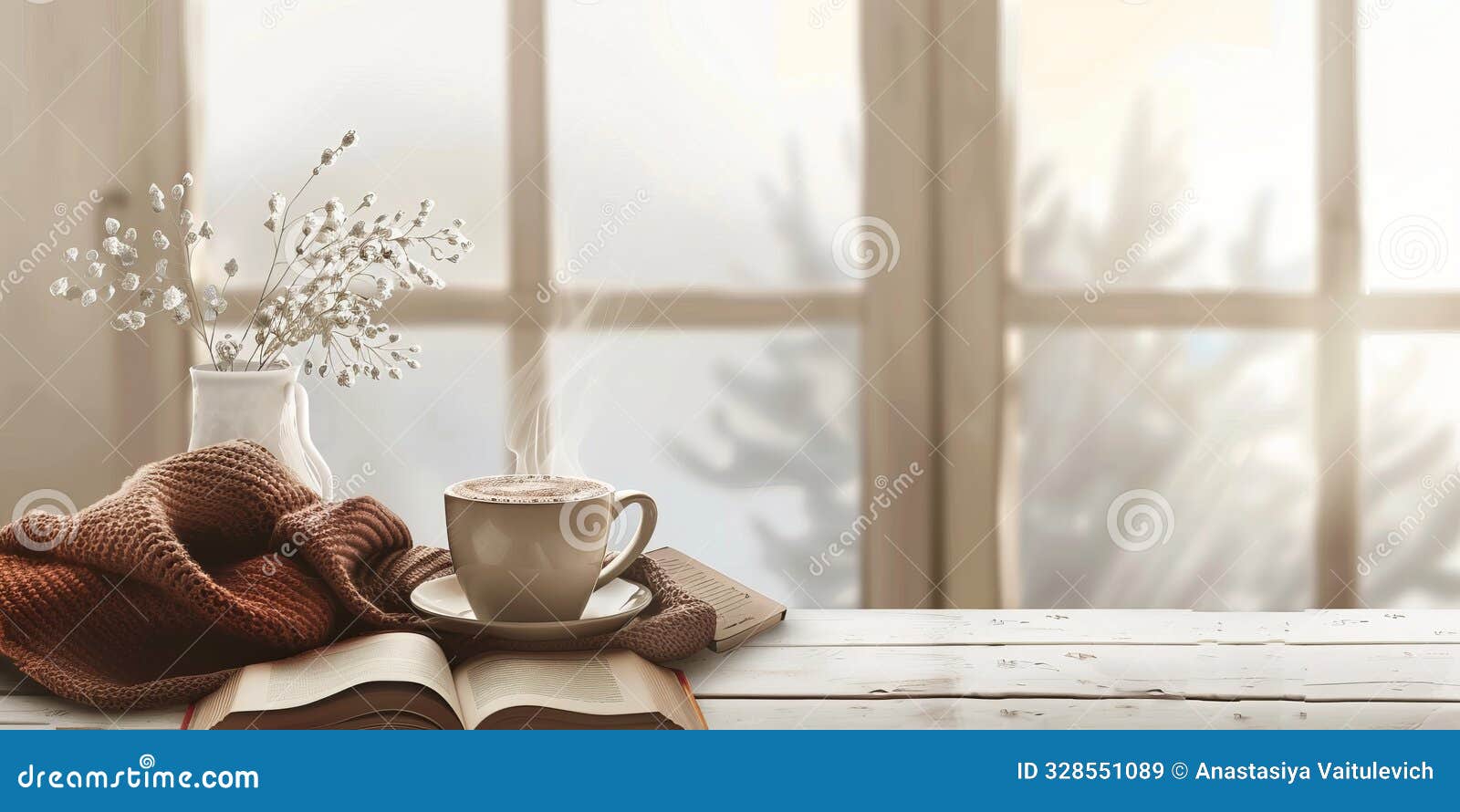 cozy winter window scene with hot chocolate and book