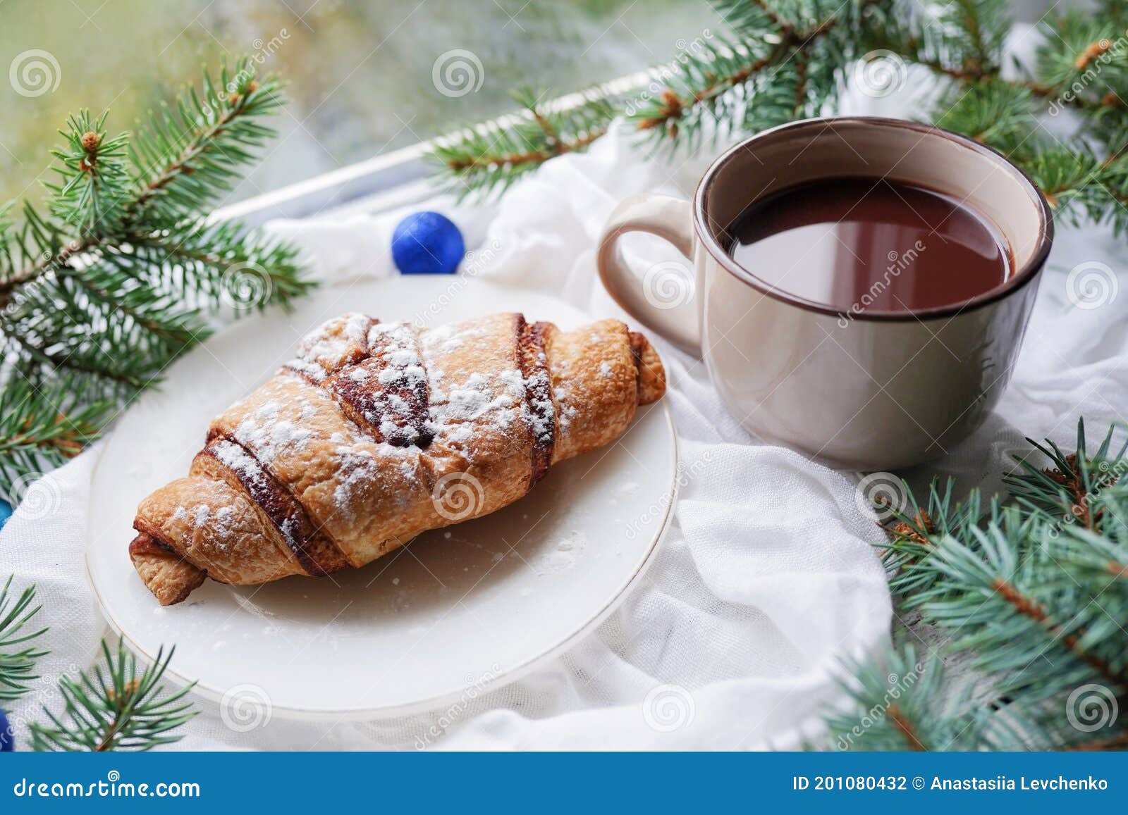 Outdoor Still Life Coffee Pot Cup Croissants Winter Make Coffee
