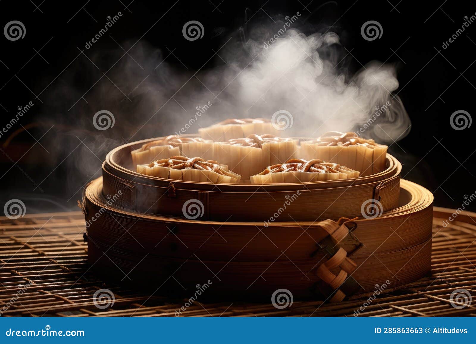 Steaming Dim Sum in a Traditional Bamboo Basket Stock Image Image of