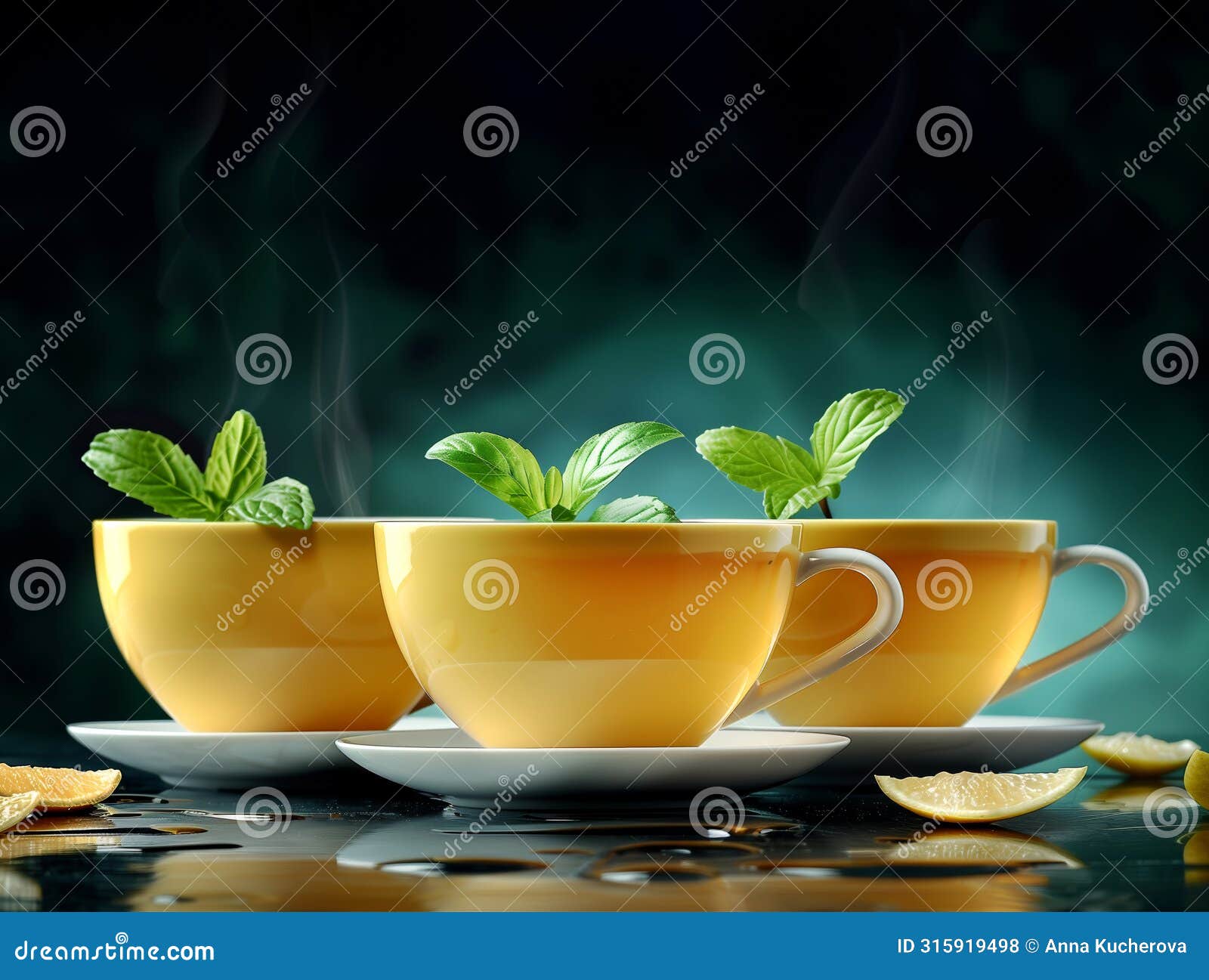 steaming herbal tea in yellow cups with fresh mint and lemon slices