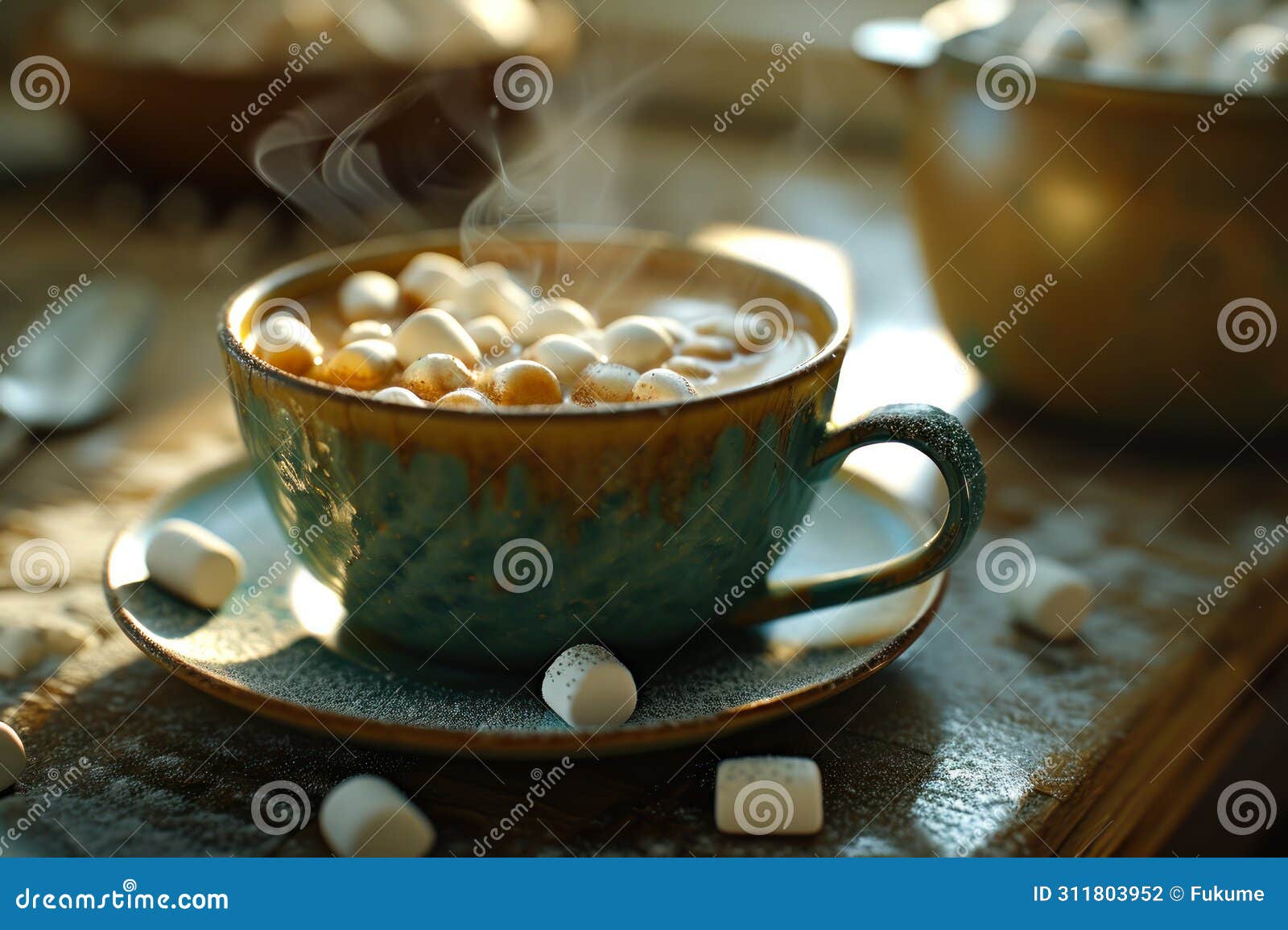 steaming hot cocoa with marshmallows in vintage cup.