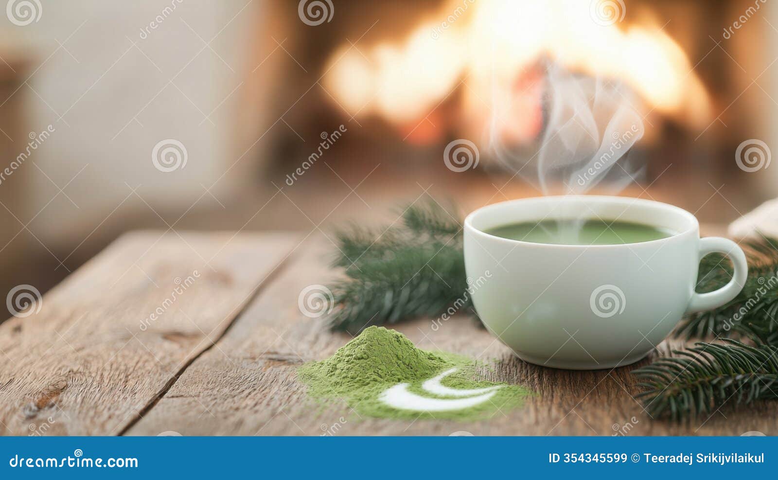 steaming matcha tea in cozy setting with fireplace. generative ai