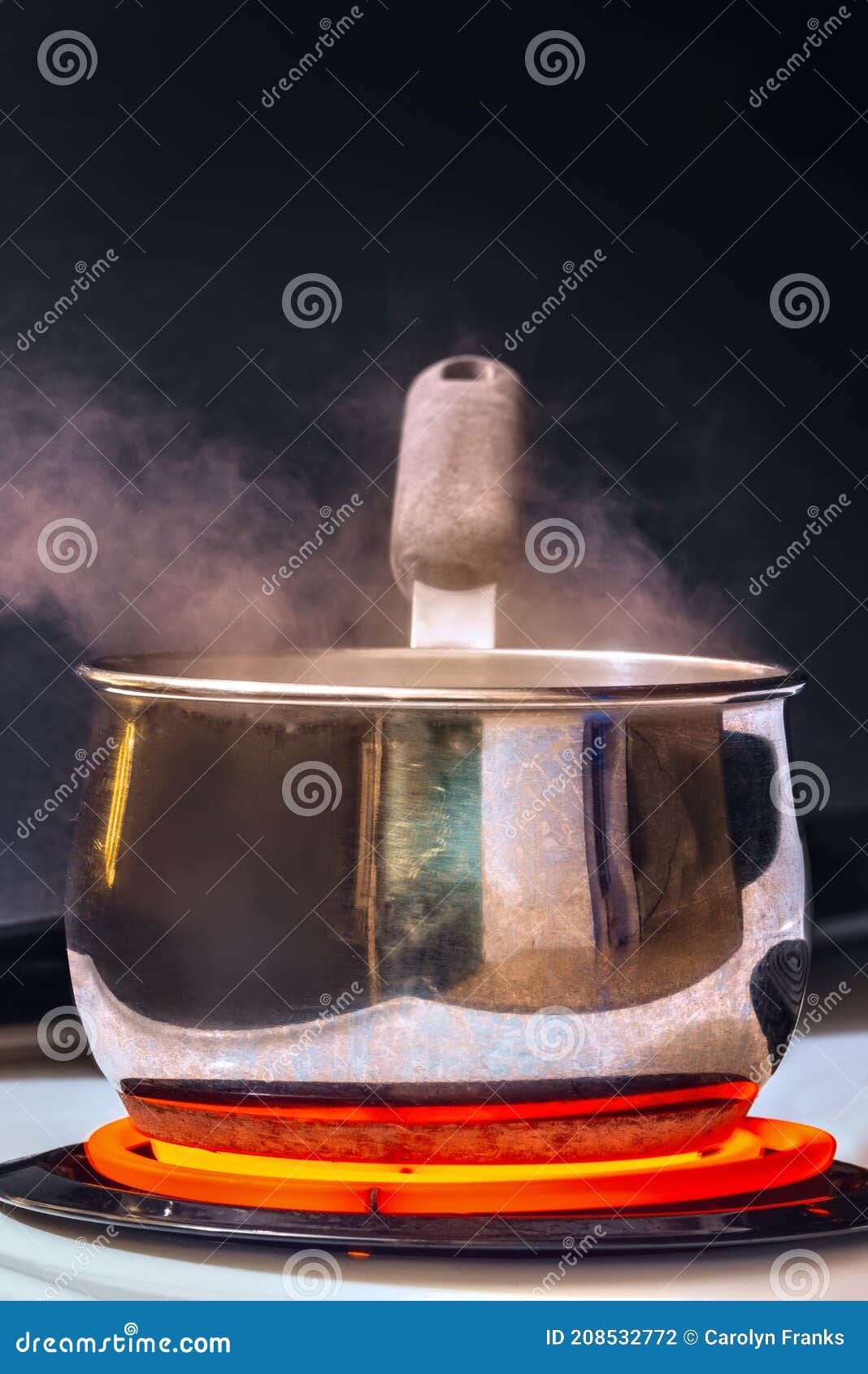 Steaming Pot Of Boiling Water On Red Hot Electric Stove Burner