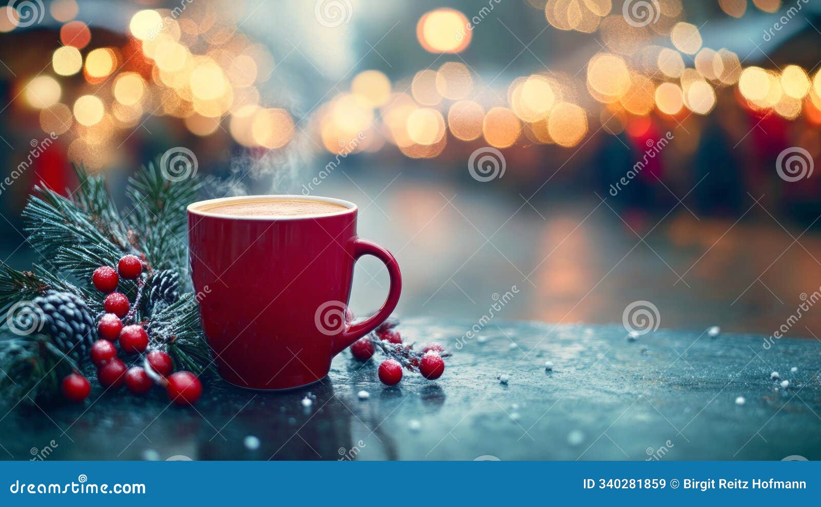 steaming red mug resting on wooden table at christmas market