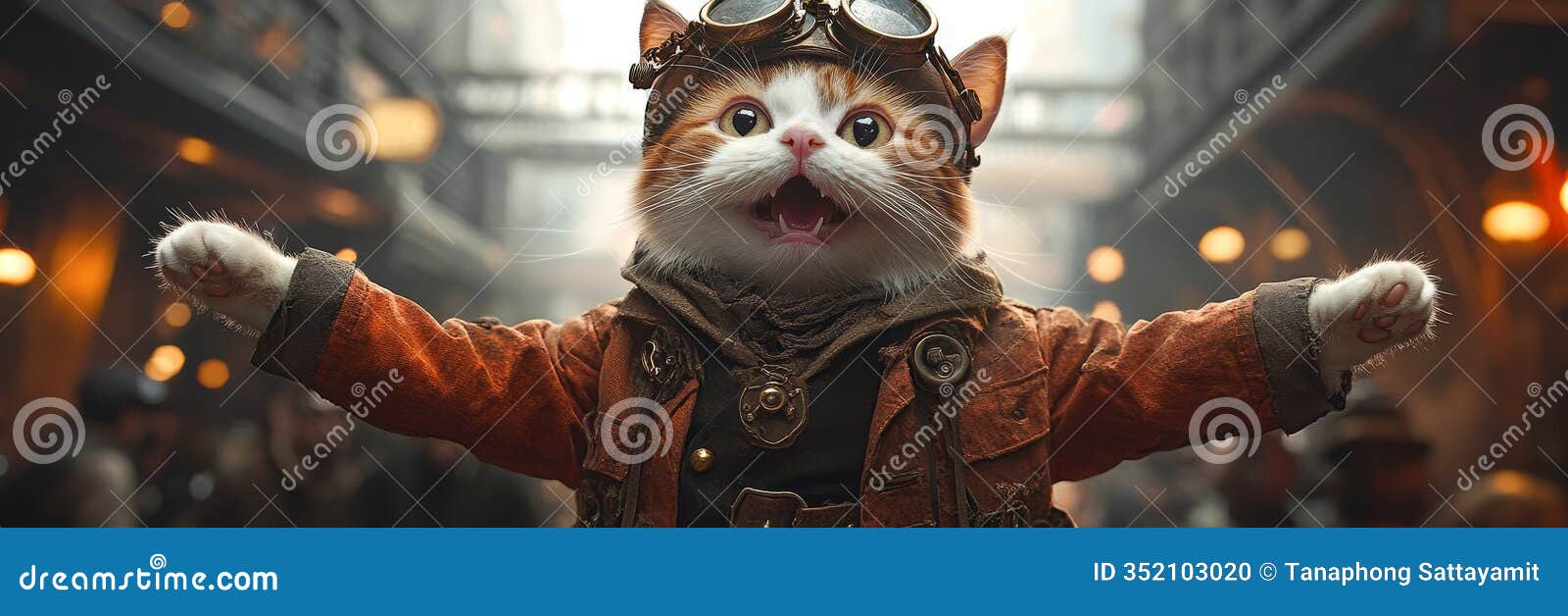 steampunk cat in city alley a whimsical steampunk cat bipedal joyful expression city backdrop futuristicretro fashion