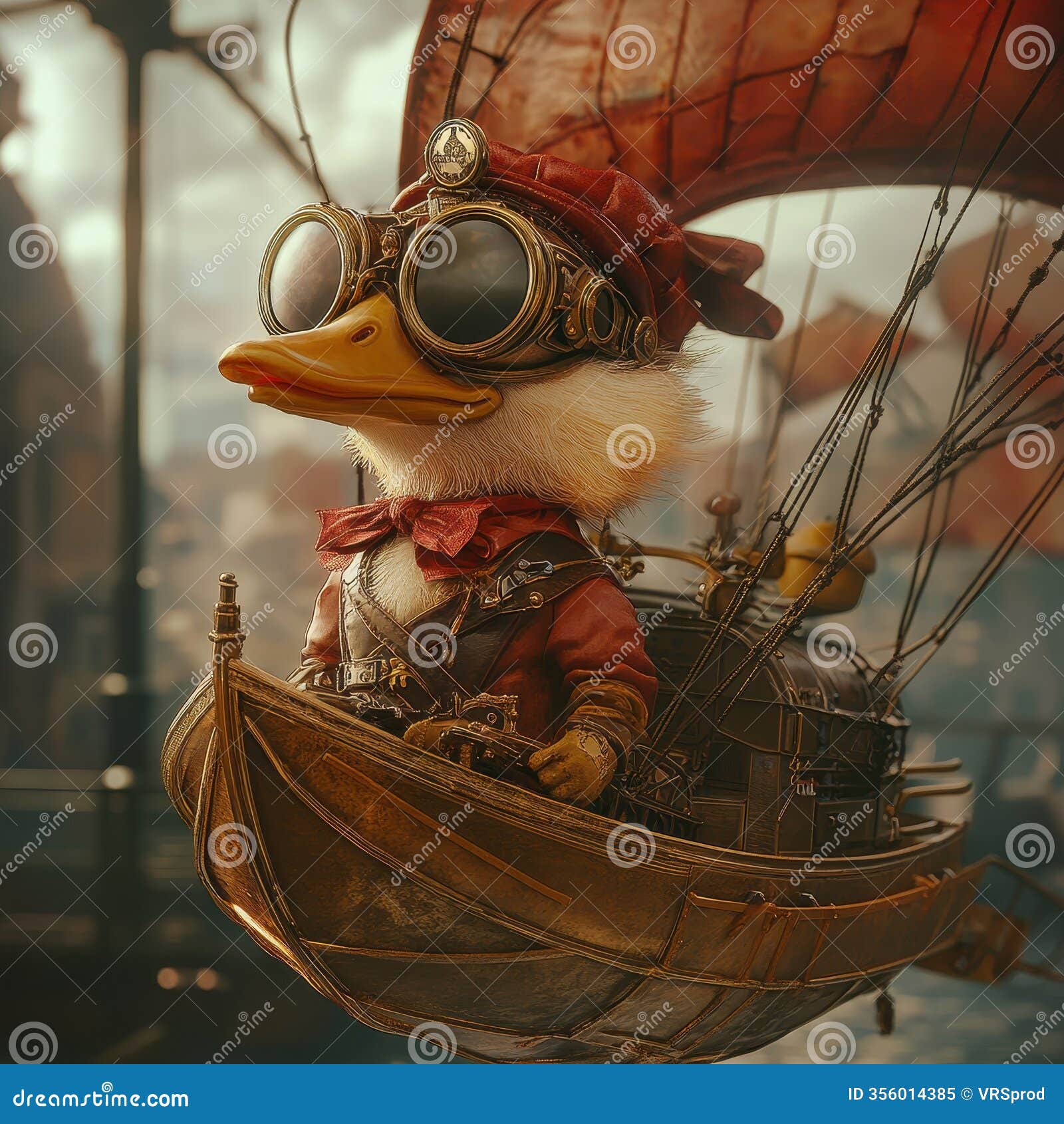 steampunk duck piloting a mechanical airship