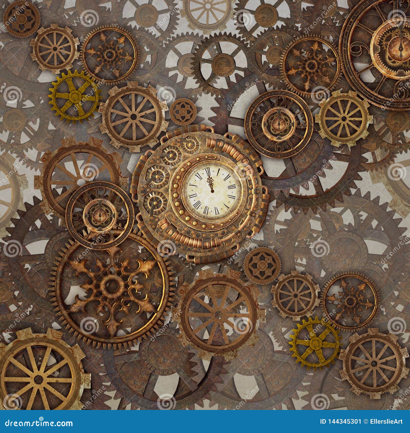 Steampunk Gears Background with a Clock Stock Illustration - Illustration  of cogs, grunge: 144345301