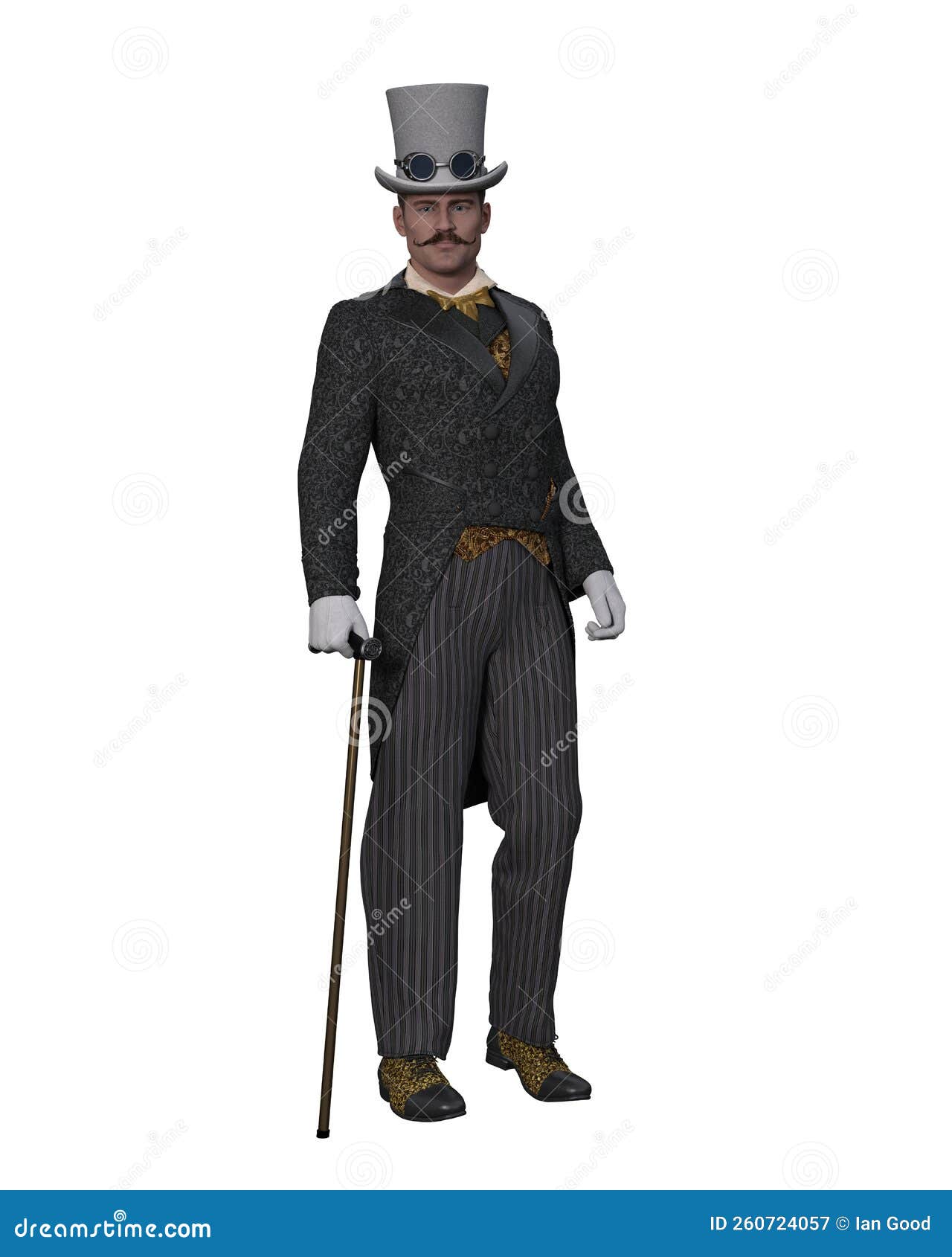 Steampunk Man in Victorian Style Suit with Top Hat and Cane. Isolated