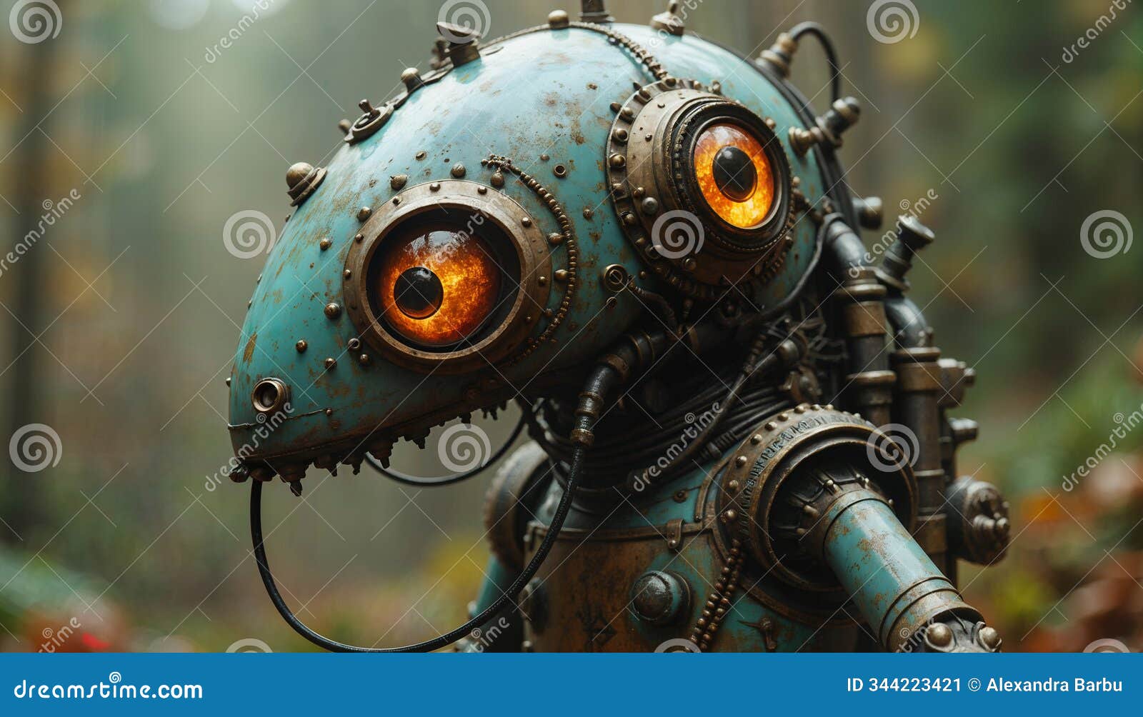 steampunk robot with glowing eyes in enchanted forest setting
