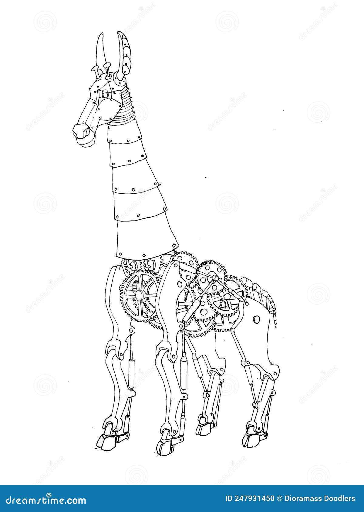 Steampunk Style Giraffe, Black and White Sketch Drawing, Basic Media