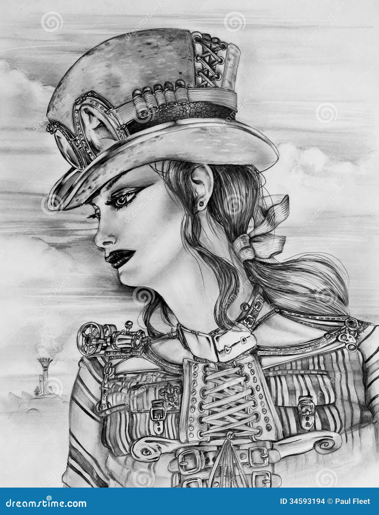 steampunk woman original pencil sketch drawn myself customized top hat 34593194