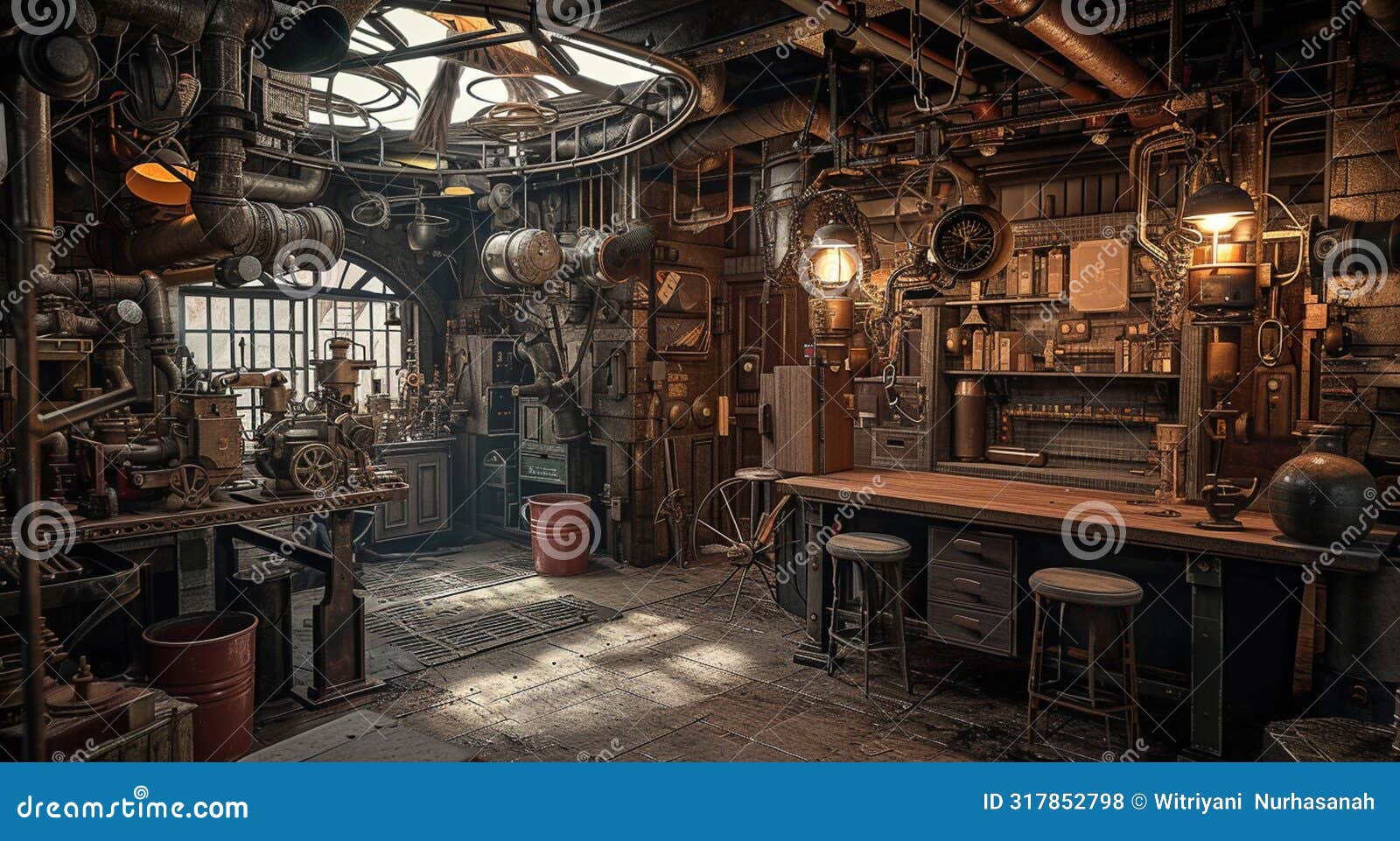 steampunk workshop old room interior. generative ai