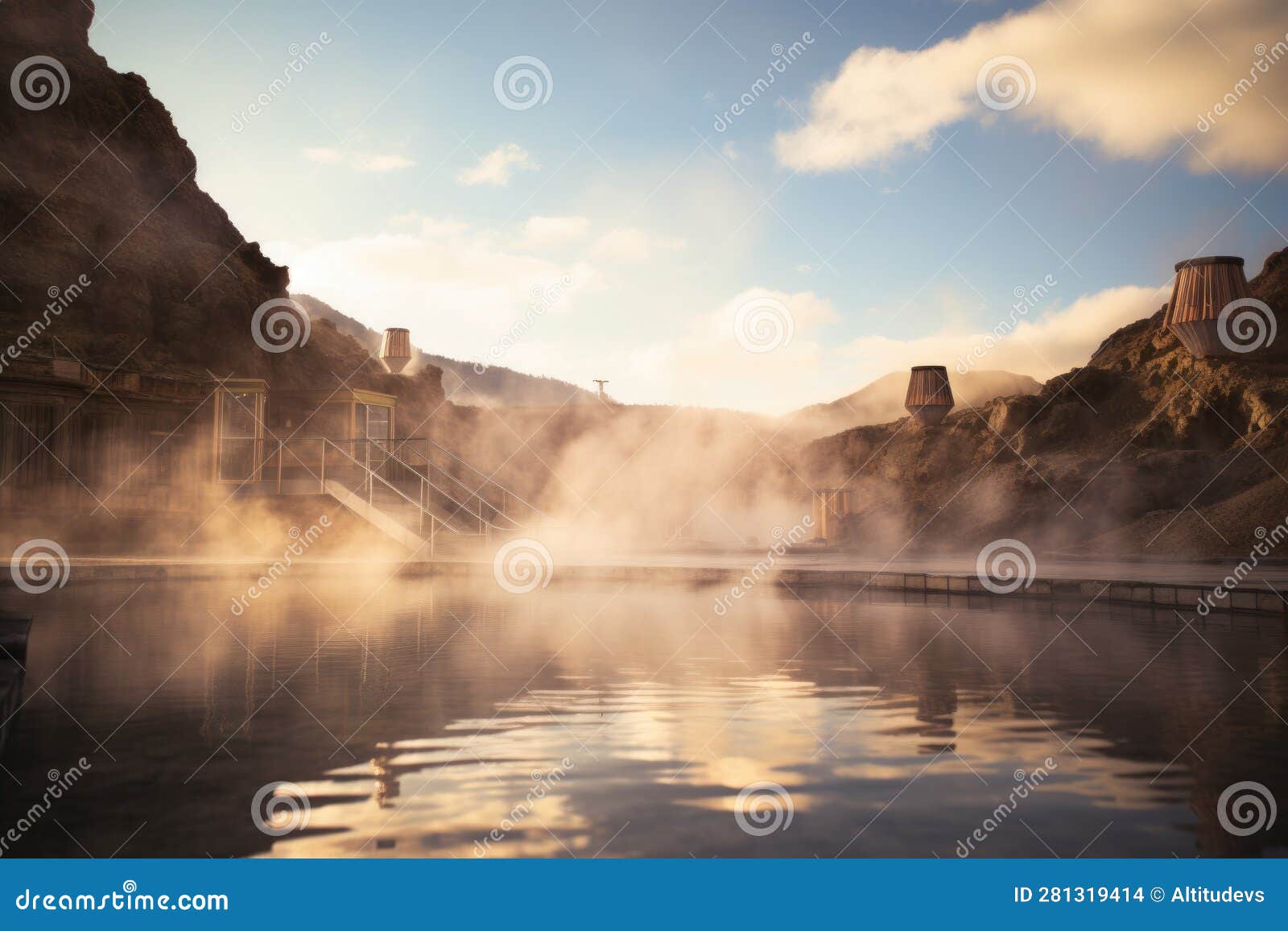 Steamy Hot Springs in a Volcanic Landscape Stock Illustration