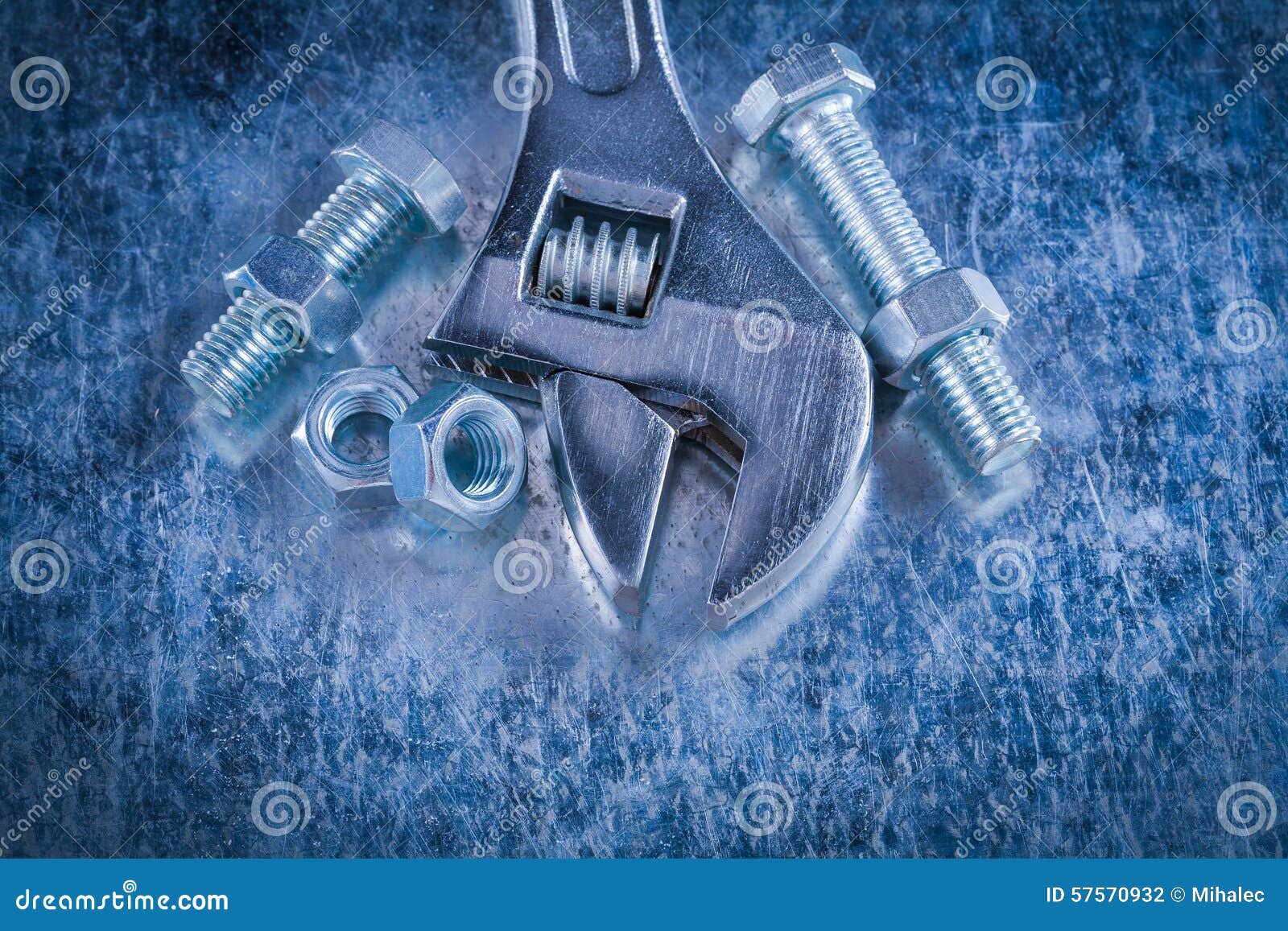 Steel Adjustable Spanner Screwnuts and Threaded Bolts on Scratc Stock