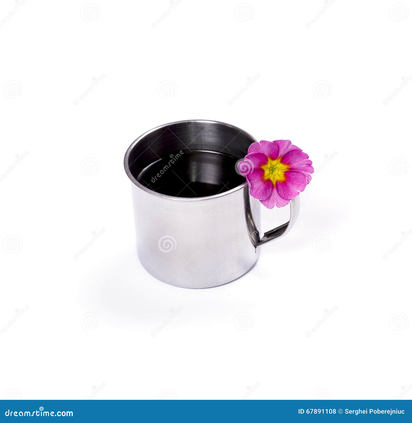 The Steel Cup of Coffee Decorated with a Pink Flower Stock Photo