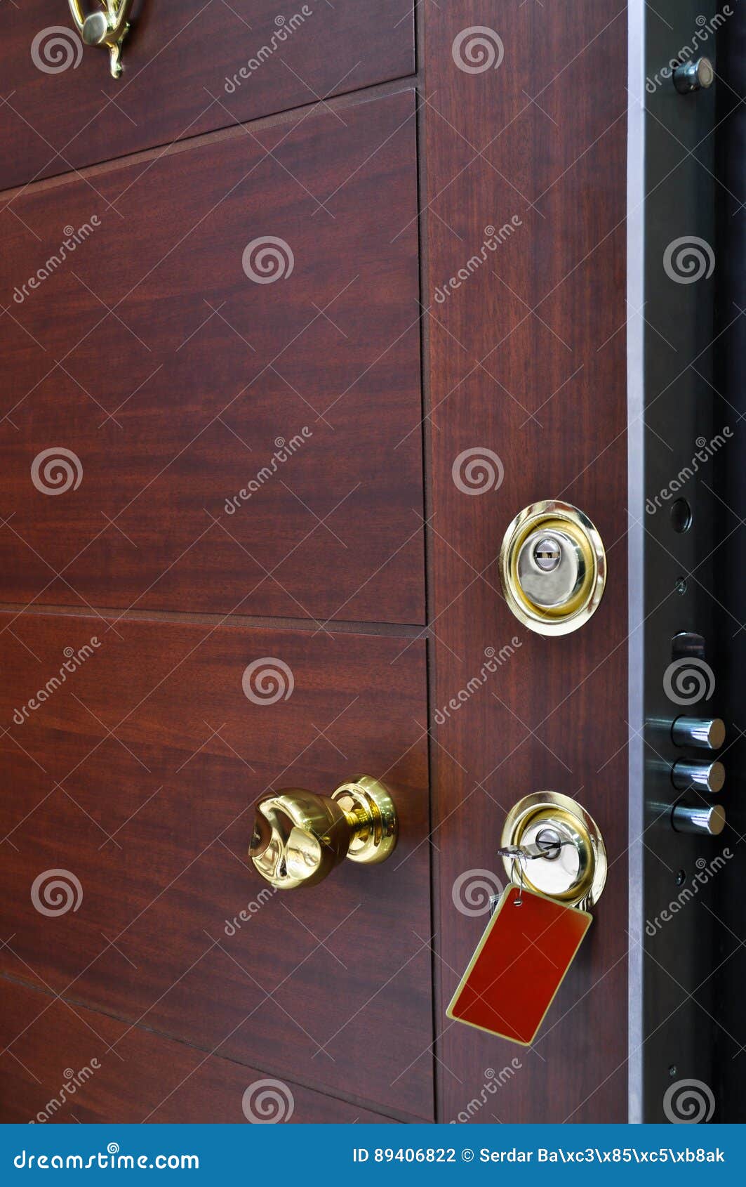 Steel door lock system stock photo. Image of handles 89406822