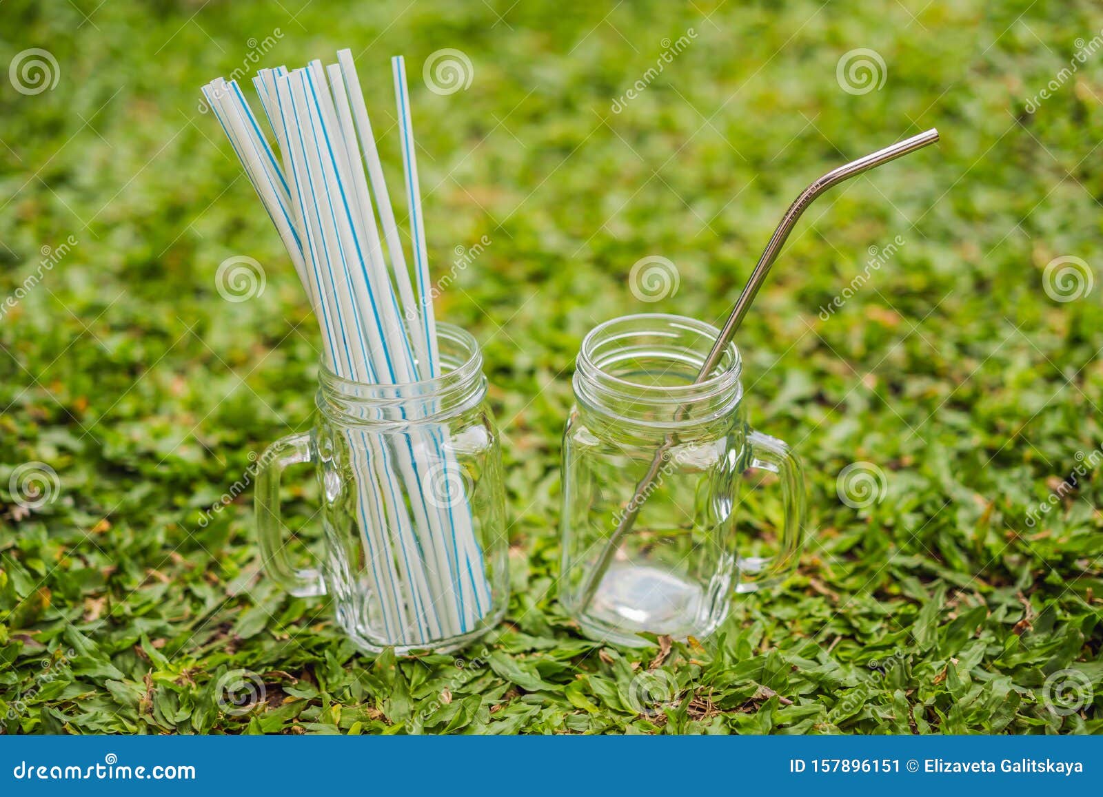Steel Drinking Vs Disposable Straws on Grass Background. Zero Waste