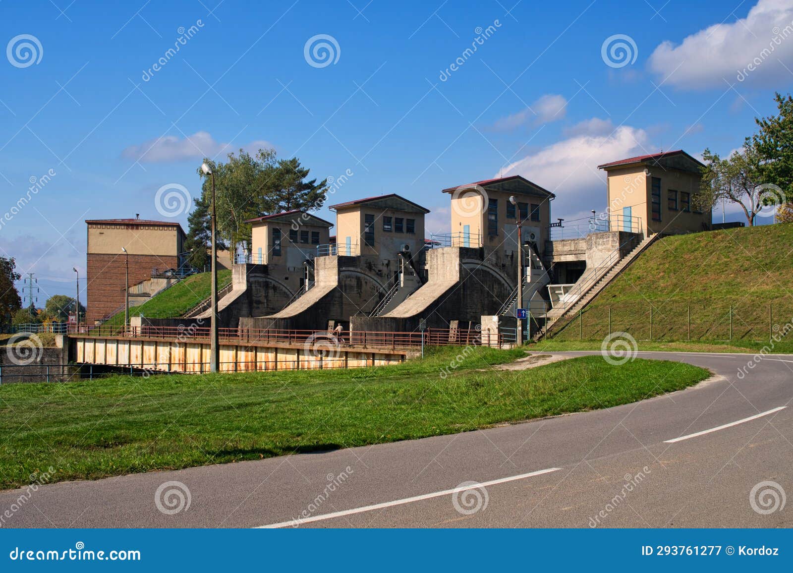 steel gate of krpelany water dam on vah river with service buildings