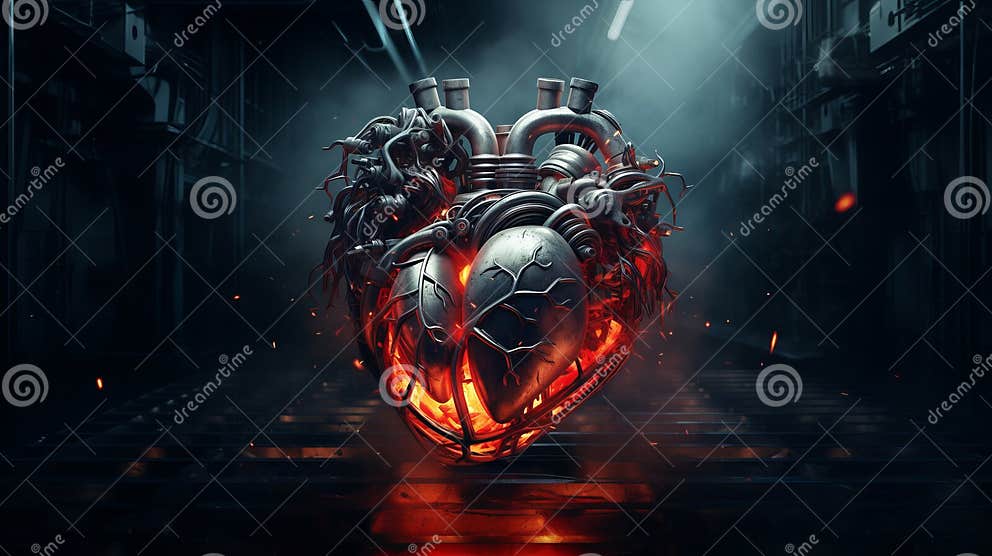 Steel Heart Engine Pulses with Fiery Red Glow, Against Gloomy Smoky