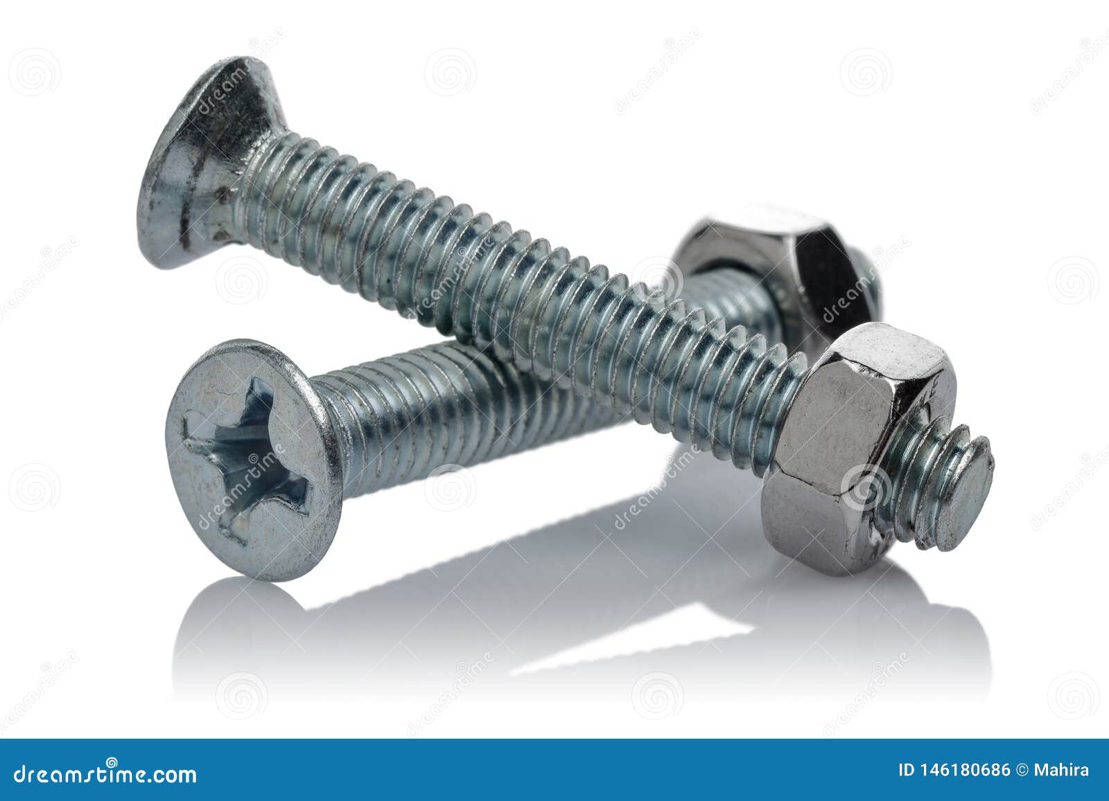 steel screw and nut  on white