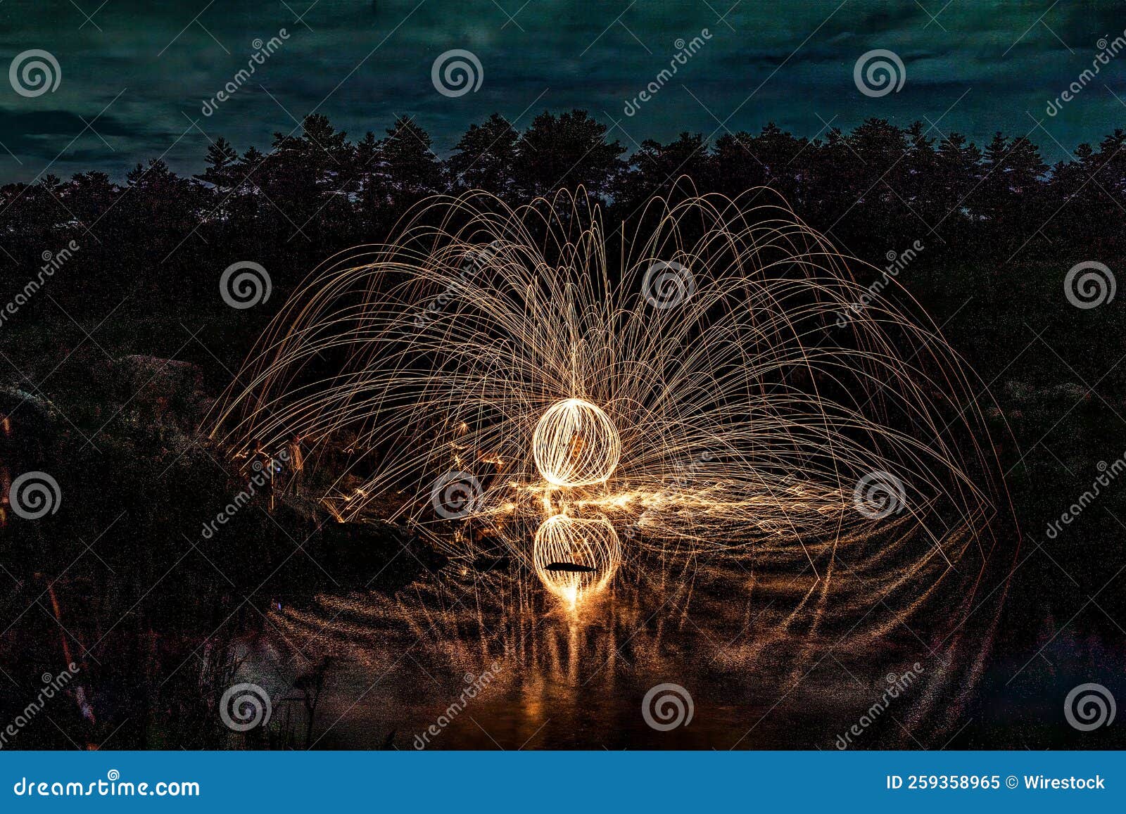 Steel Wool Painting and Reflection on the Lake. Stock Image Image of