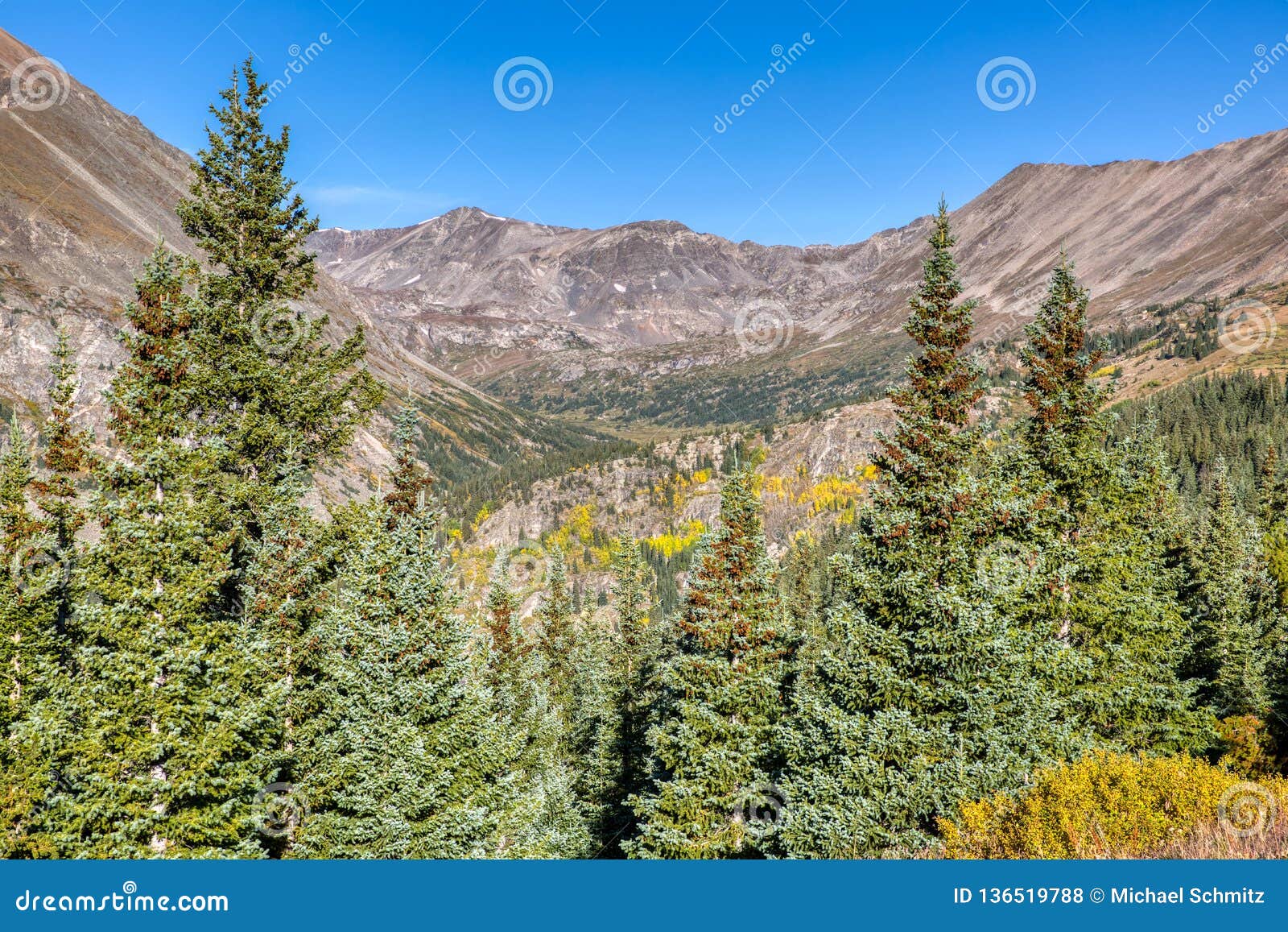 steep mountain peaks and green pine trees near the summit of hoosier pass.