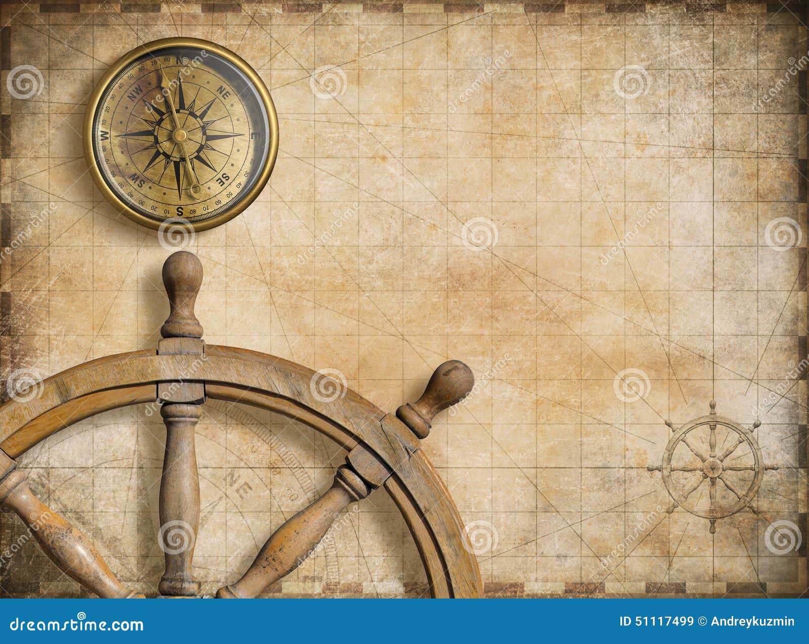 Steering Wheel and Compass with Vintage Nautical Stock Illustration