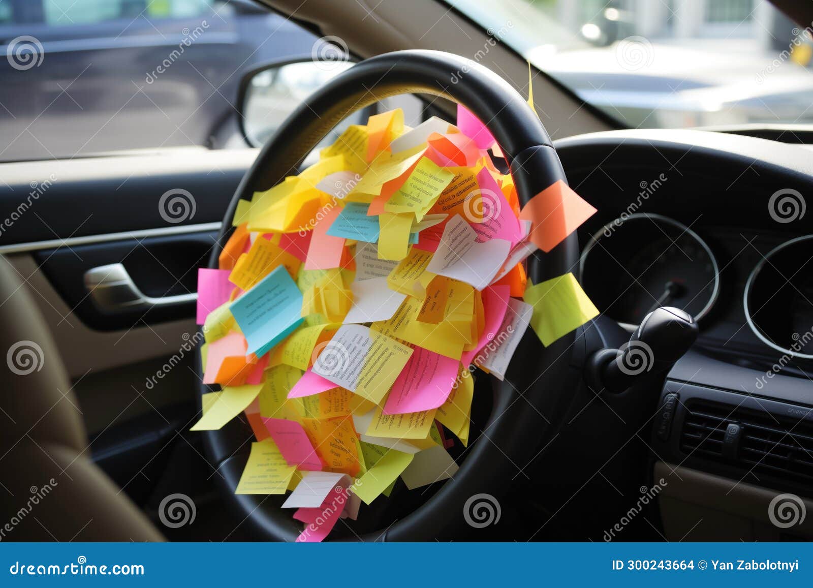 Steering Wheel Covered in Sticky Notes for Reminders Stock Illustration