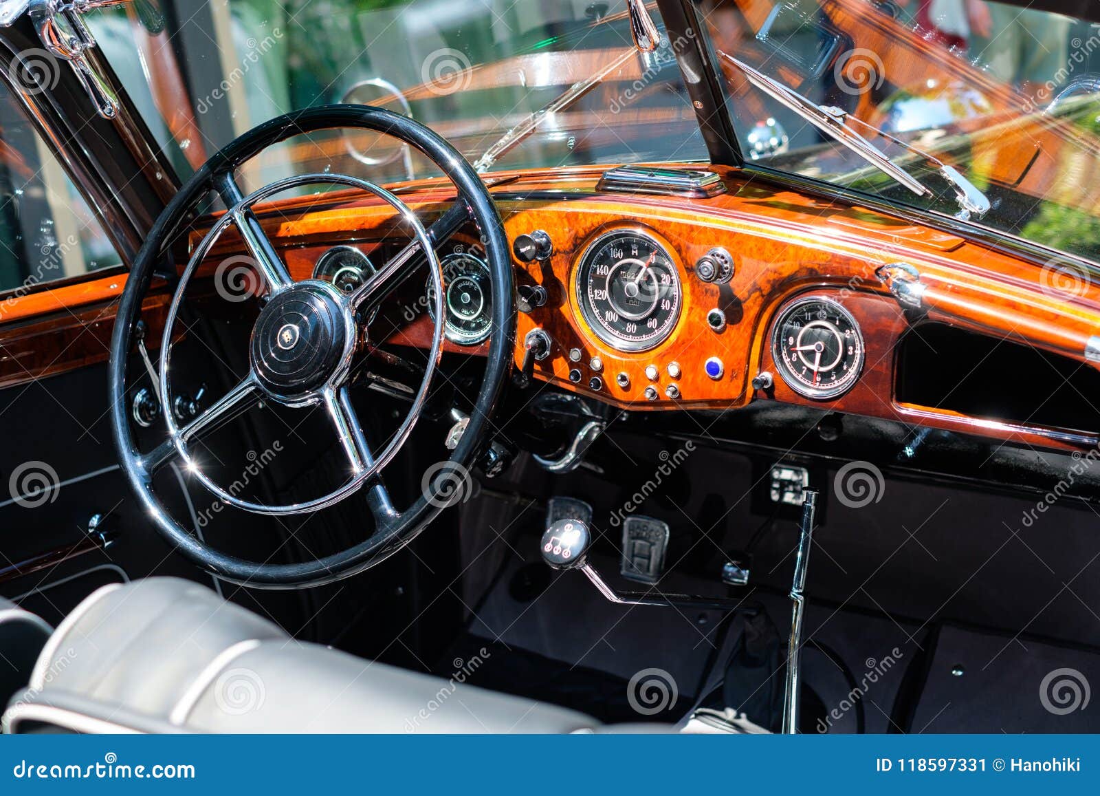 Steering Wheel Dashboard And Interior Of Old Horch Car