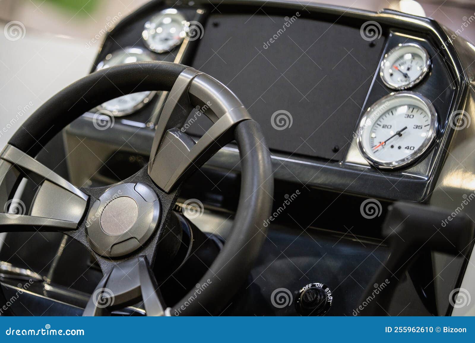 Steering Wheel and Dashboard of a Motor Boat Stock Photo Image of