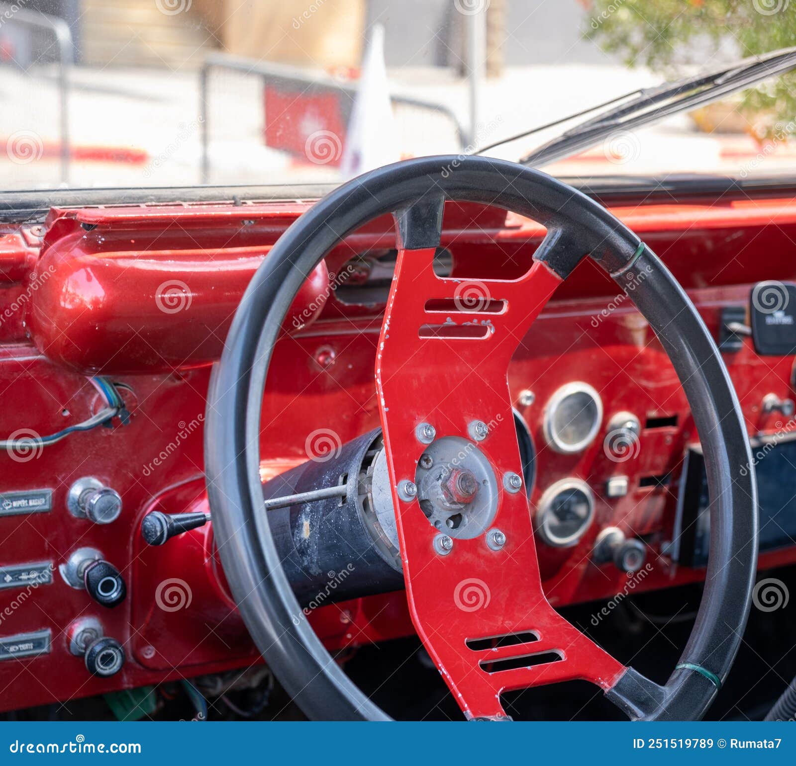 Steering Wheel and Dashboard of an Vintage Offroad Vehicle Stock Image