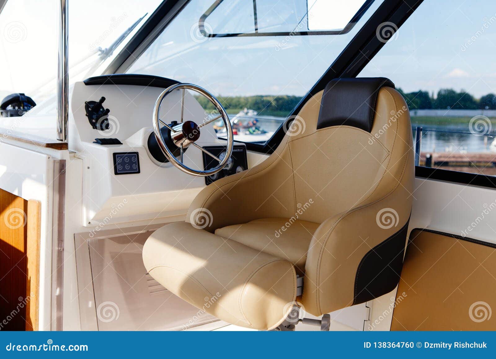 Steering Wheel on a Luxury Yacht Cabin. Stock Photo Image of detail