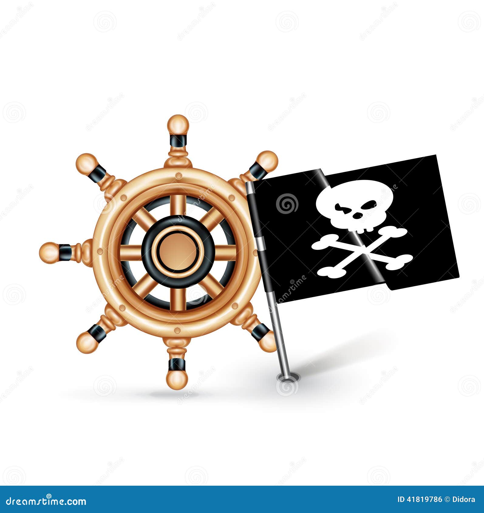 Steering Wheel and Pirate Flag Isolated on White Stock Vector