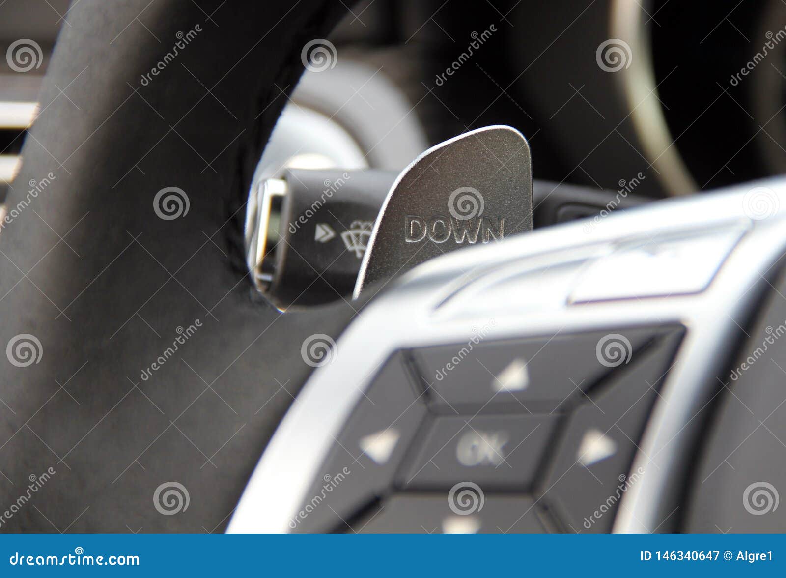 Manual Gear Changing Stick on a Car`s Steering Wheel Stock Image