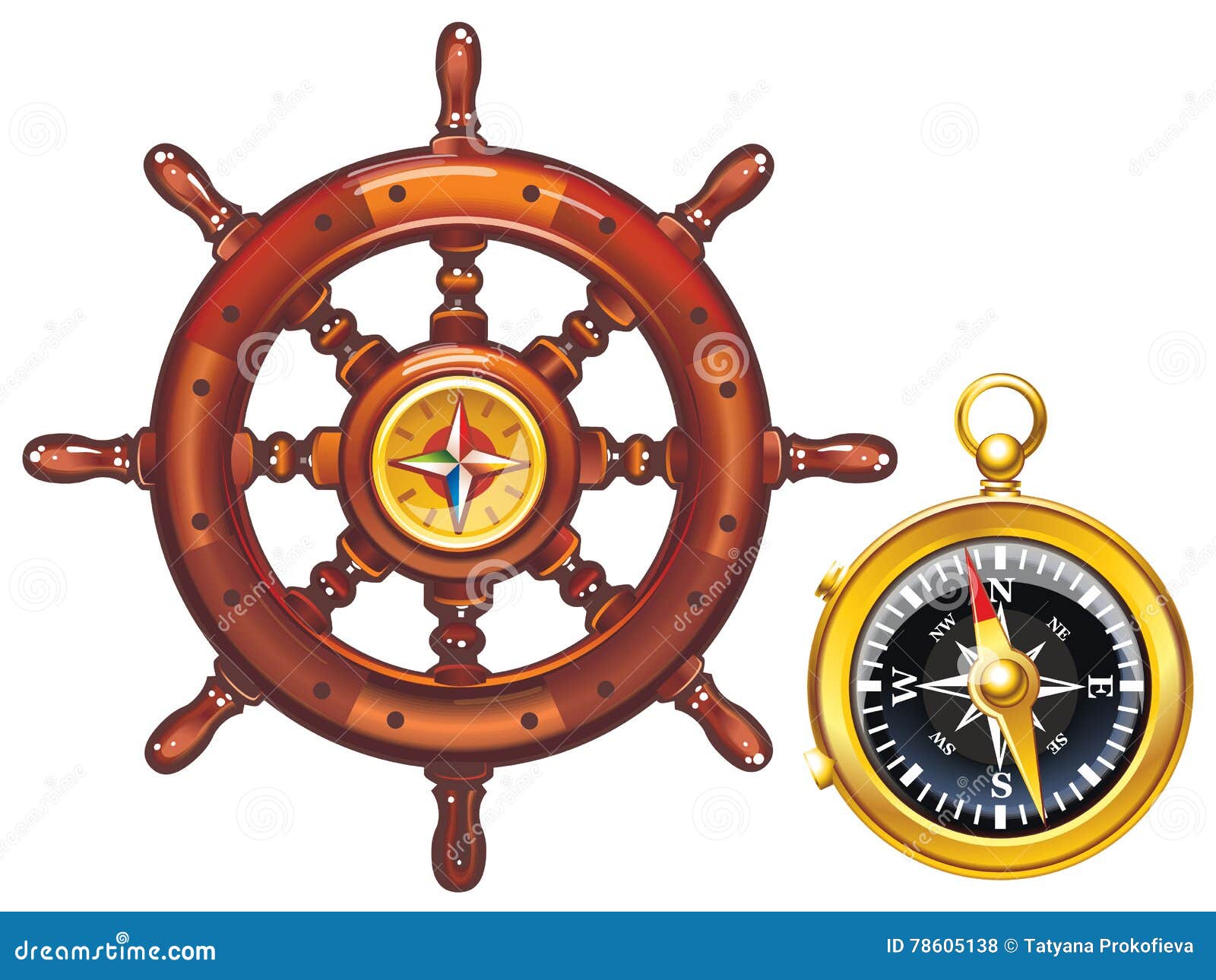 Steering Wheel of the Ship and the Golden Compass. Stock Illustration