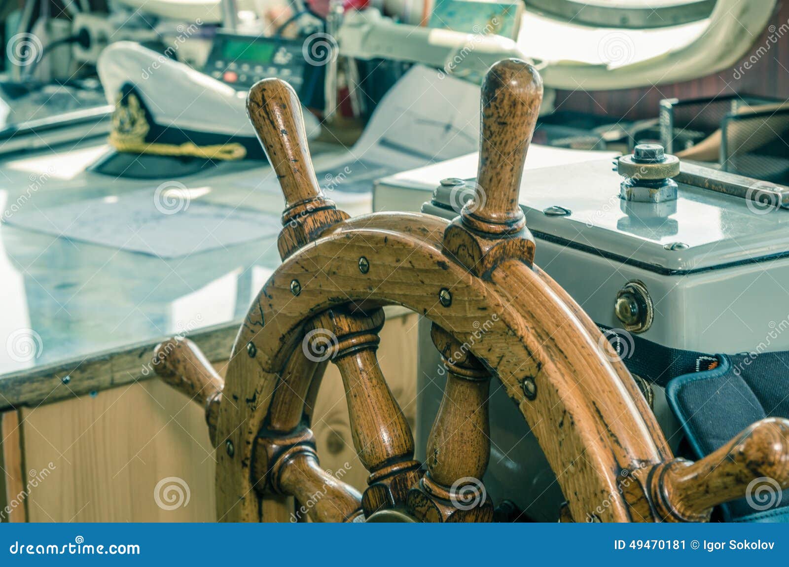 Steering wheel of the ship. A workplace of the captain. Cross process