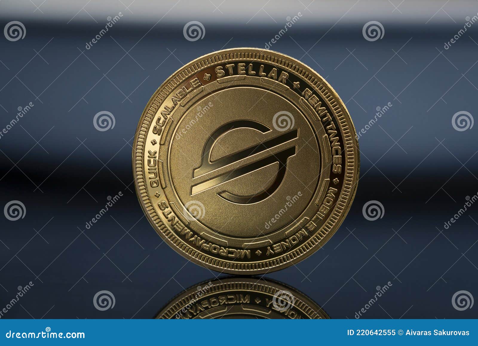 Stellar XLM Lumens Crypto Coin Placed on the Reflective Surface Stock