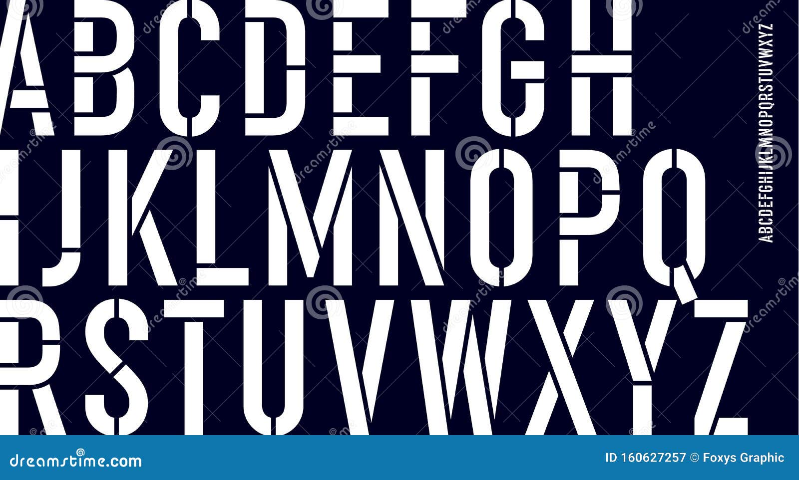 stencil font. black and white condensed alphabet and line font