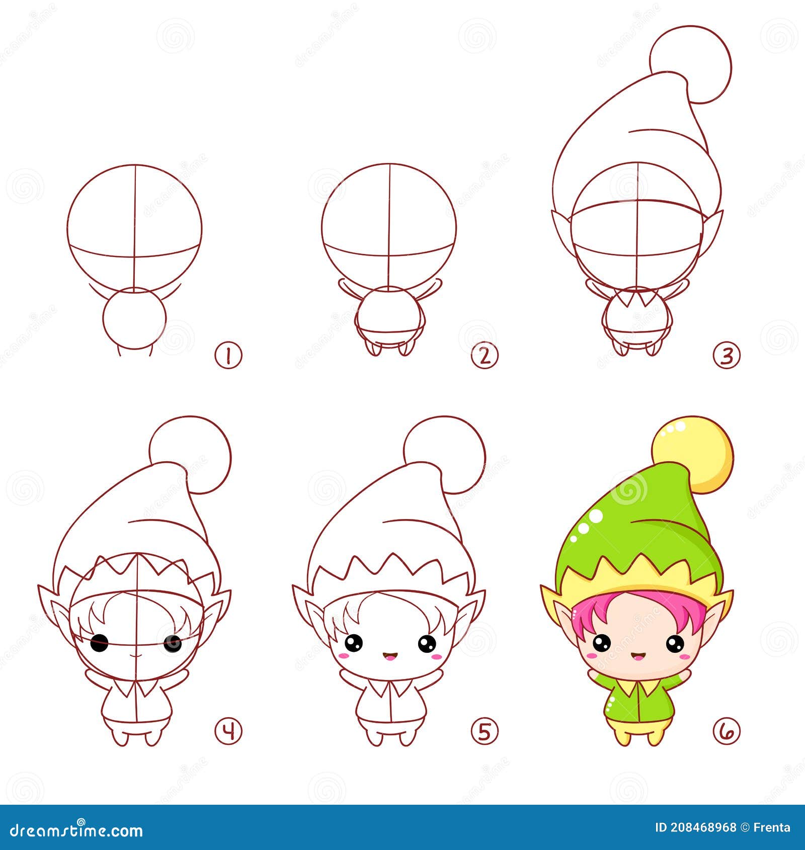 Step by Step Drawing of Cute Cartoon Elf Stock Vector