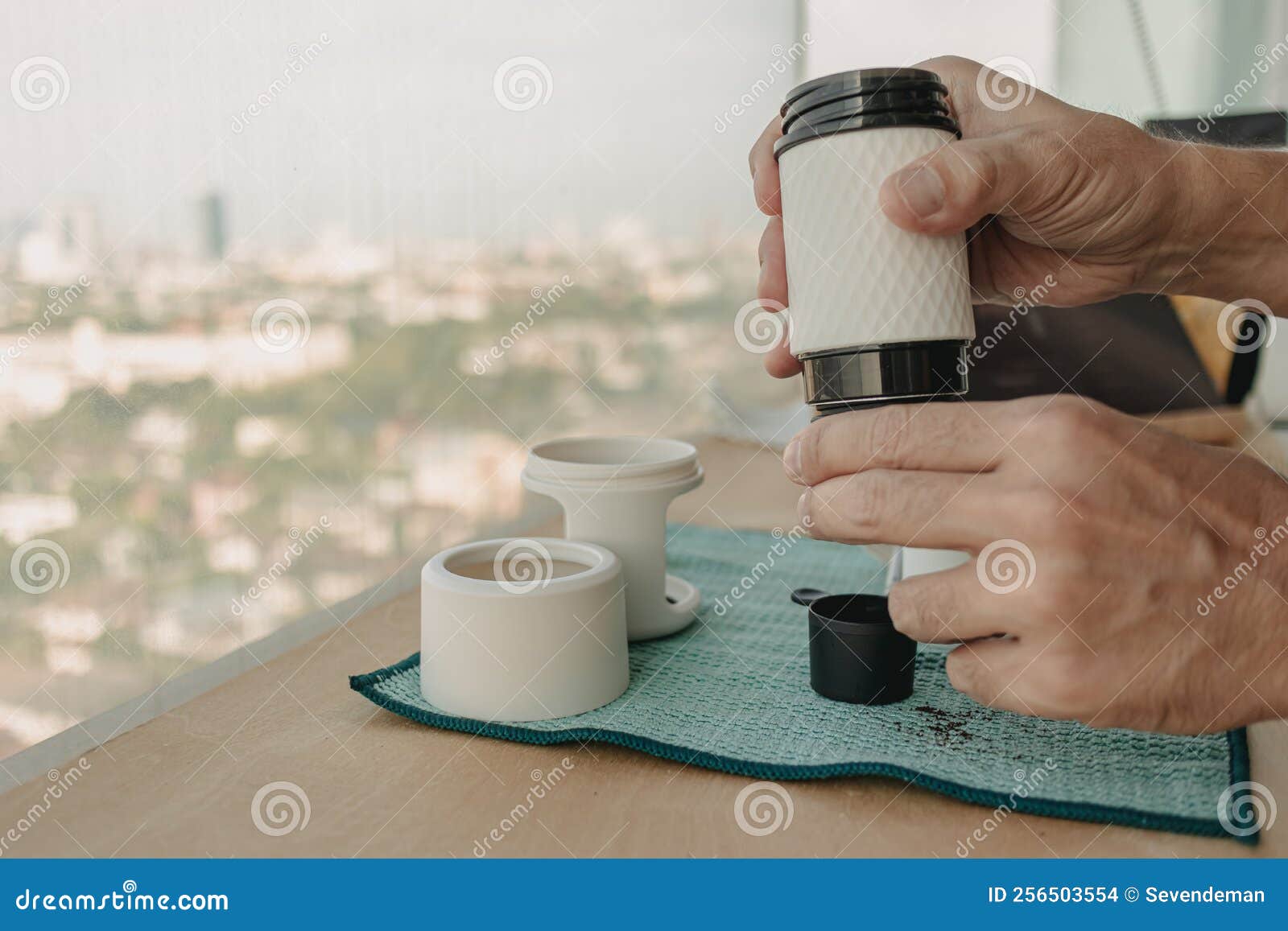 Step and Equipments of Making French Press Coffee. Stock Photo Image