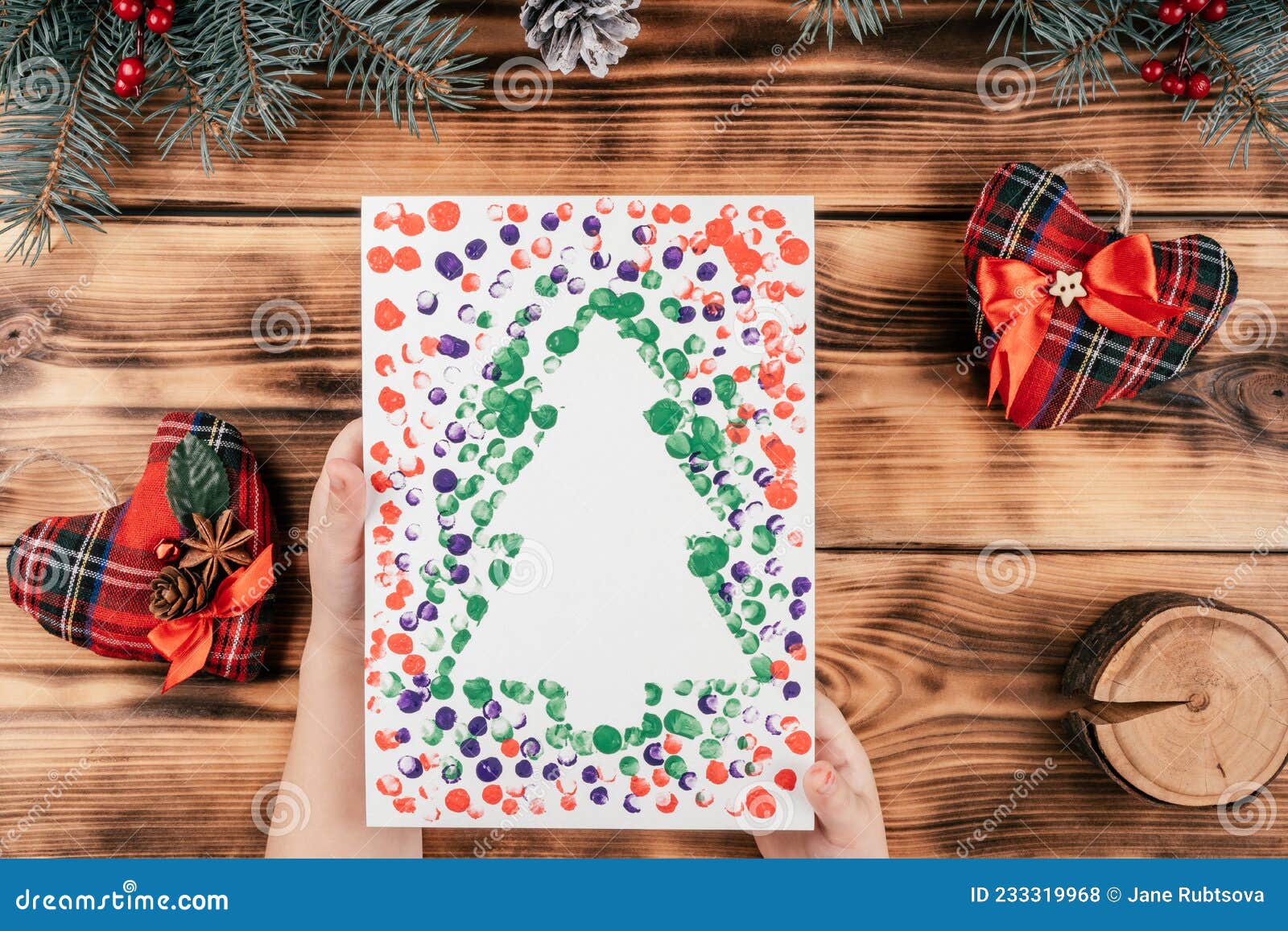 Stepbystep Greeting Card Christmas Tree with Children`s Fingerprints