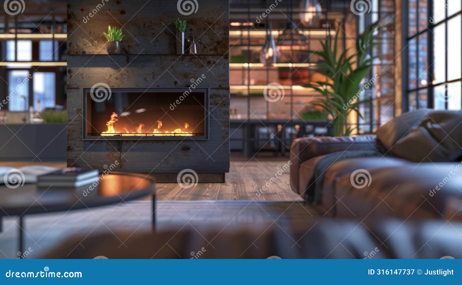 step into this modern industrialstyle loft and be greeted by a remotecontrolled fireplace its flame illuminating the