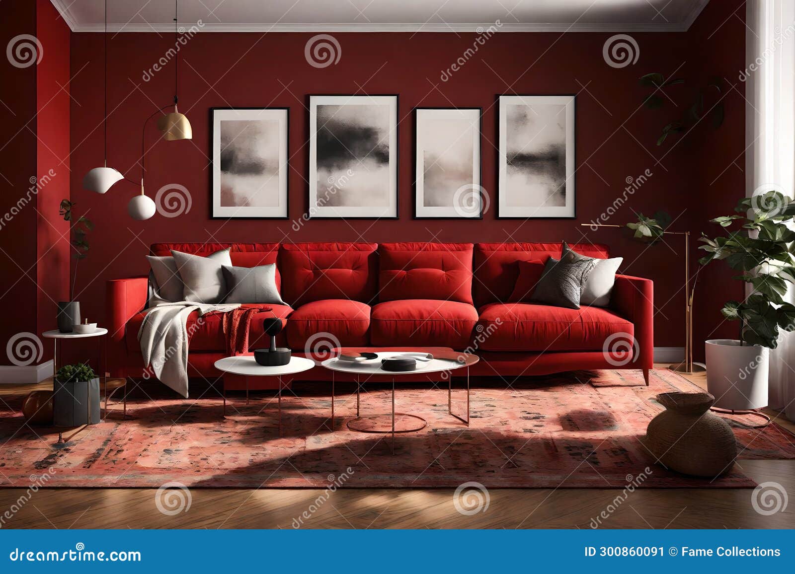 modern living room oasis with this interior mockup featuring a bold red couch set against an empty, chic dark red